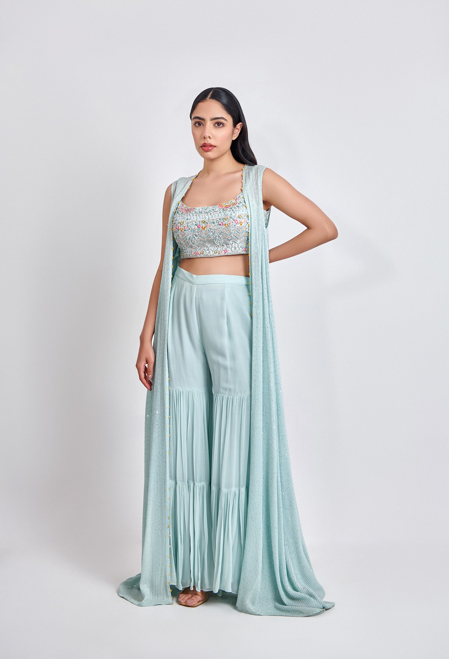 Ice Blue Sharara with Multicolor Blouse – Designer Ethnic Wear