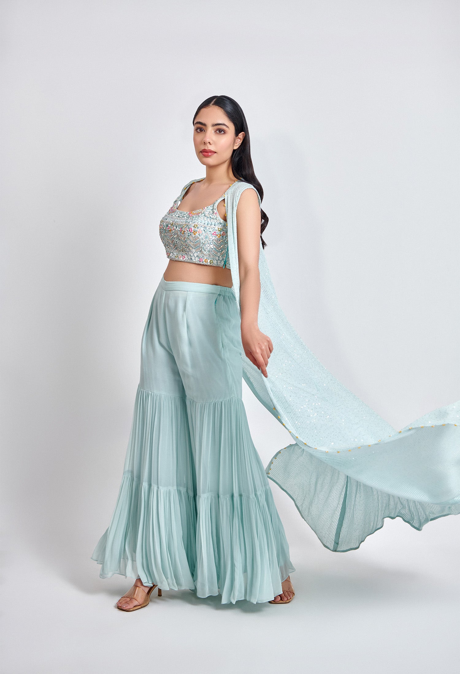 Ice Blue Sharara with Multicolor Blouse – Designer Ethnic Wear