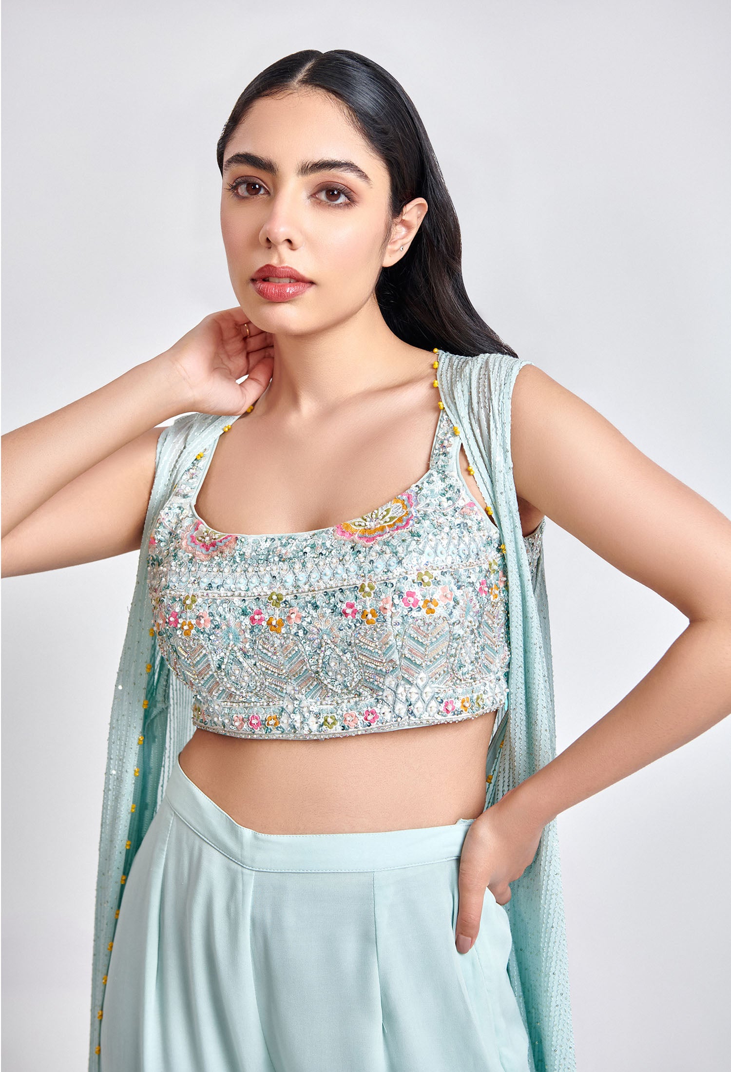 Ice Blue Sharara with Multicolor Blouse – Designer Ethnic Wear