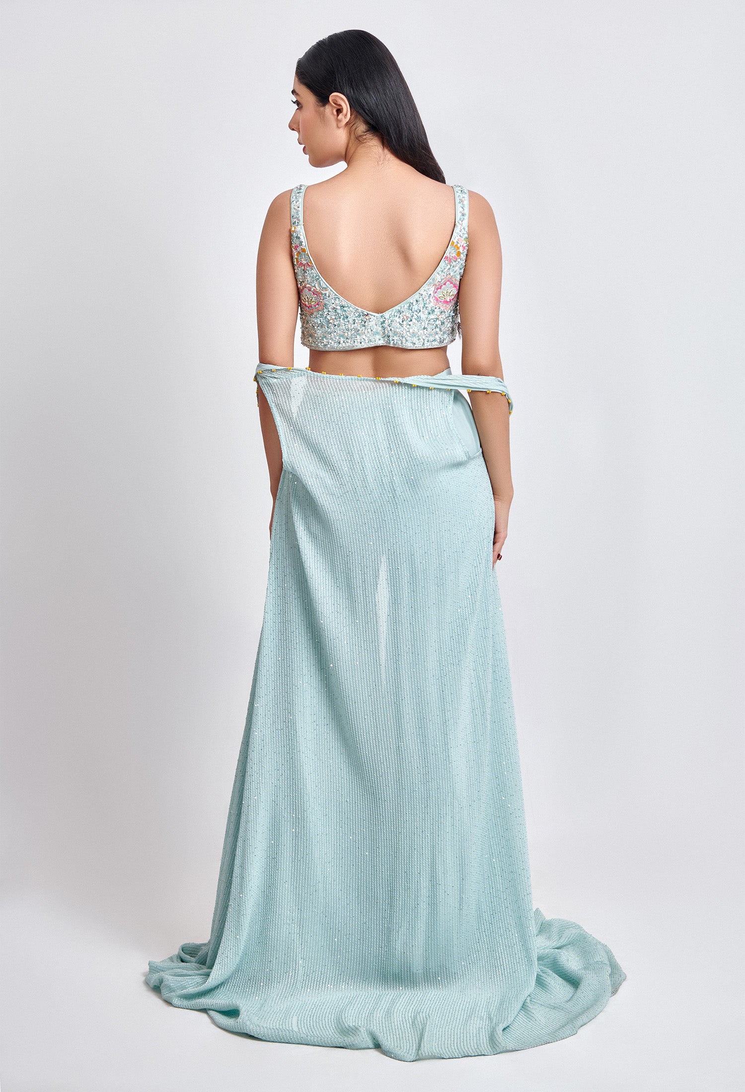 Ice Blue Sharara with Multicolor Blouse – Designer Ethnic Wear