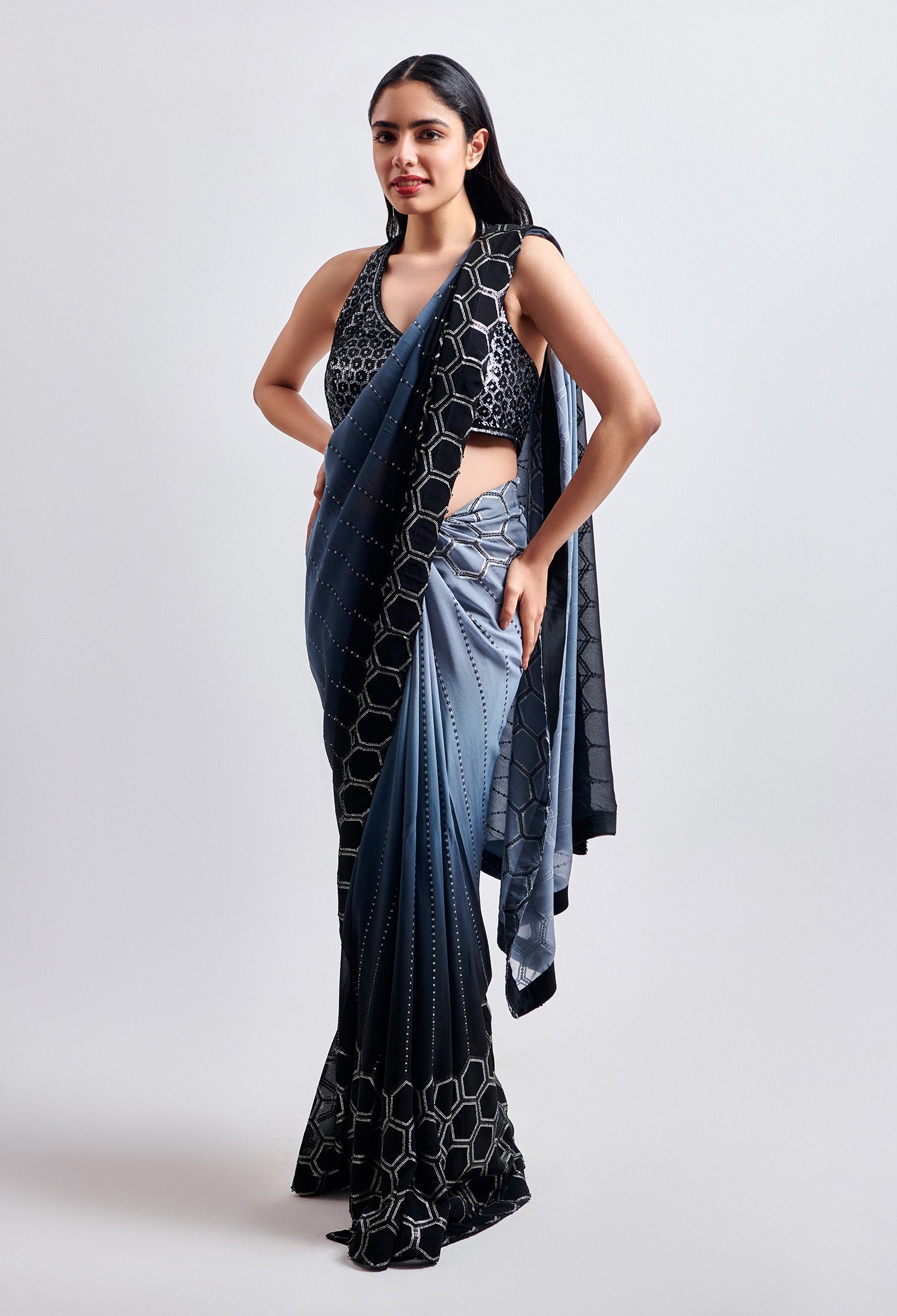 Black and Grey Ombre Saree with Halter Neck Blouse