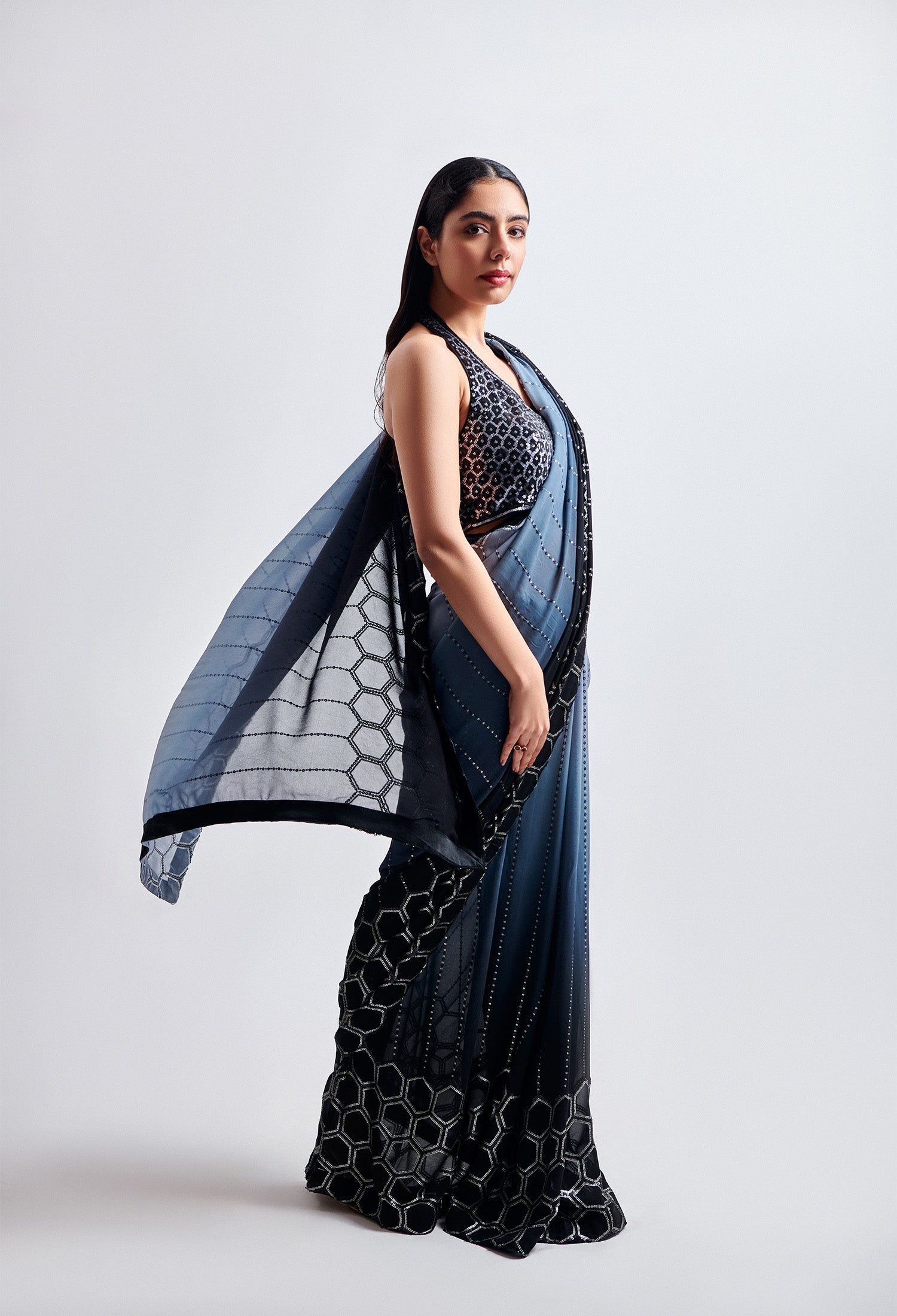Black and Grey Ombre Saree with Halter Neck Blouse