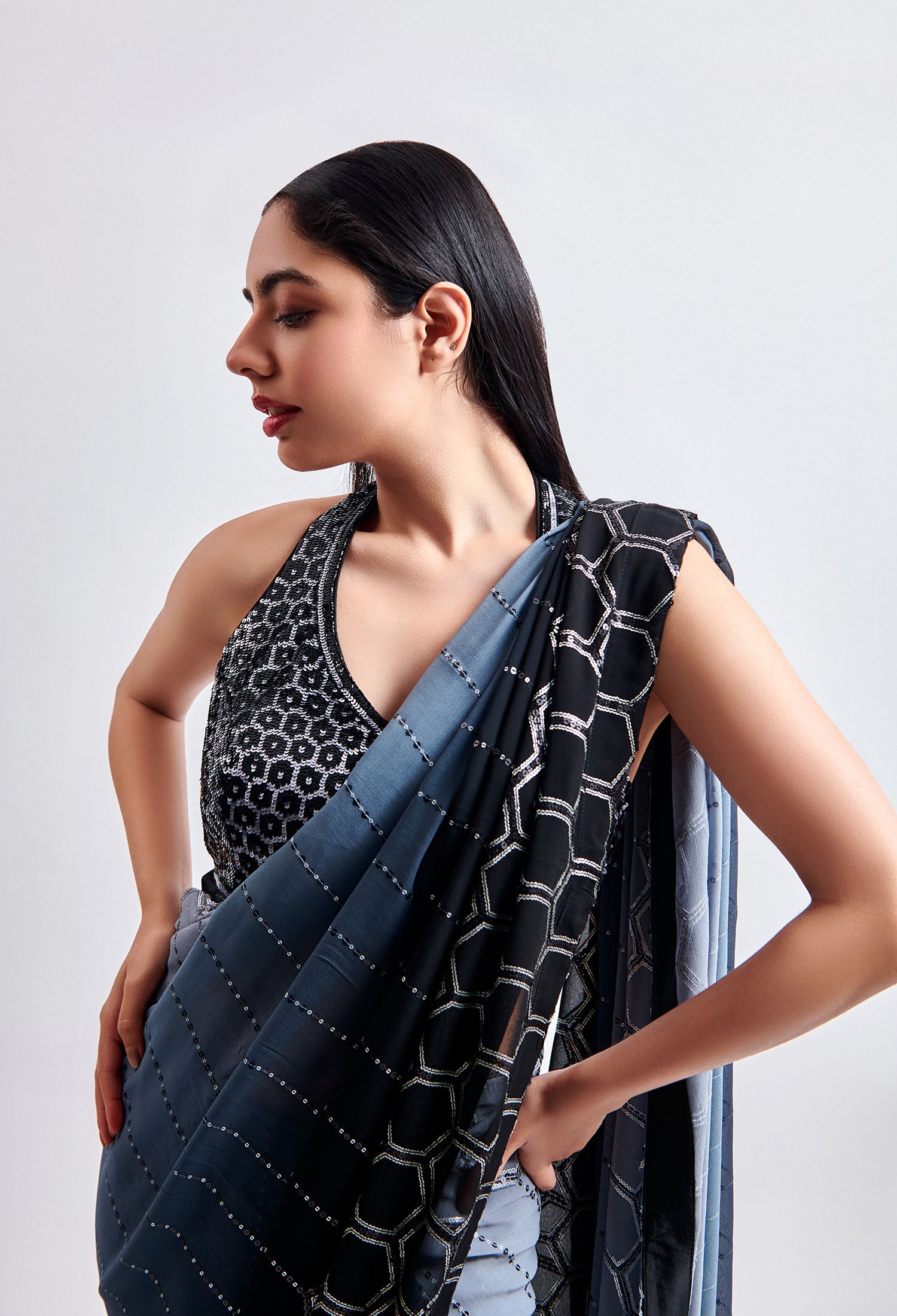Black and Grey Ombre Saree with Halter Neck Blouse