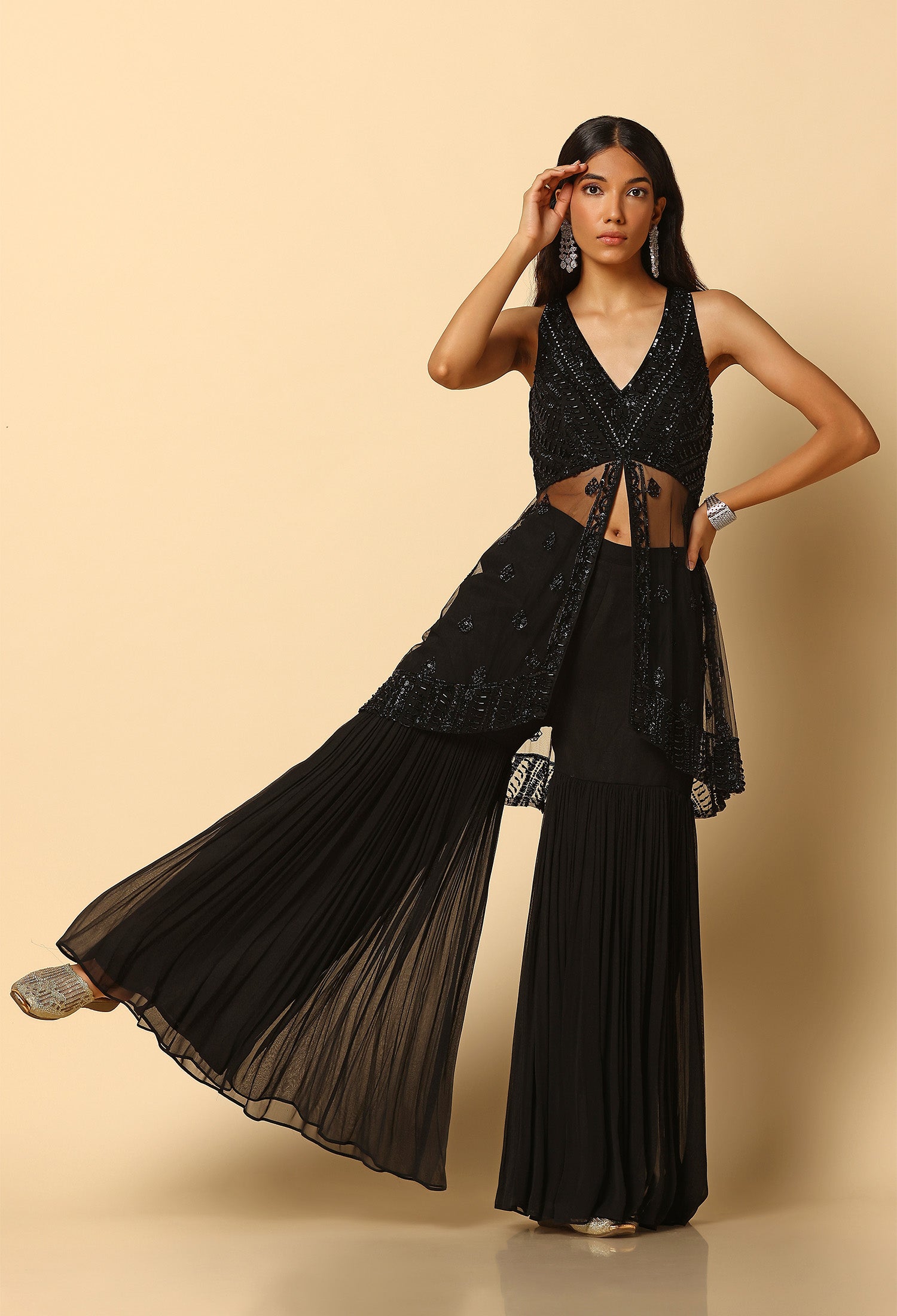 All Black Stone Work Peplum Top for Party Wear