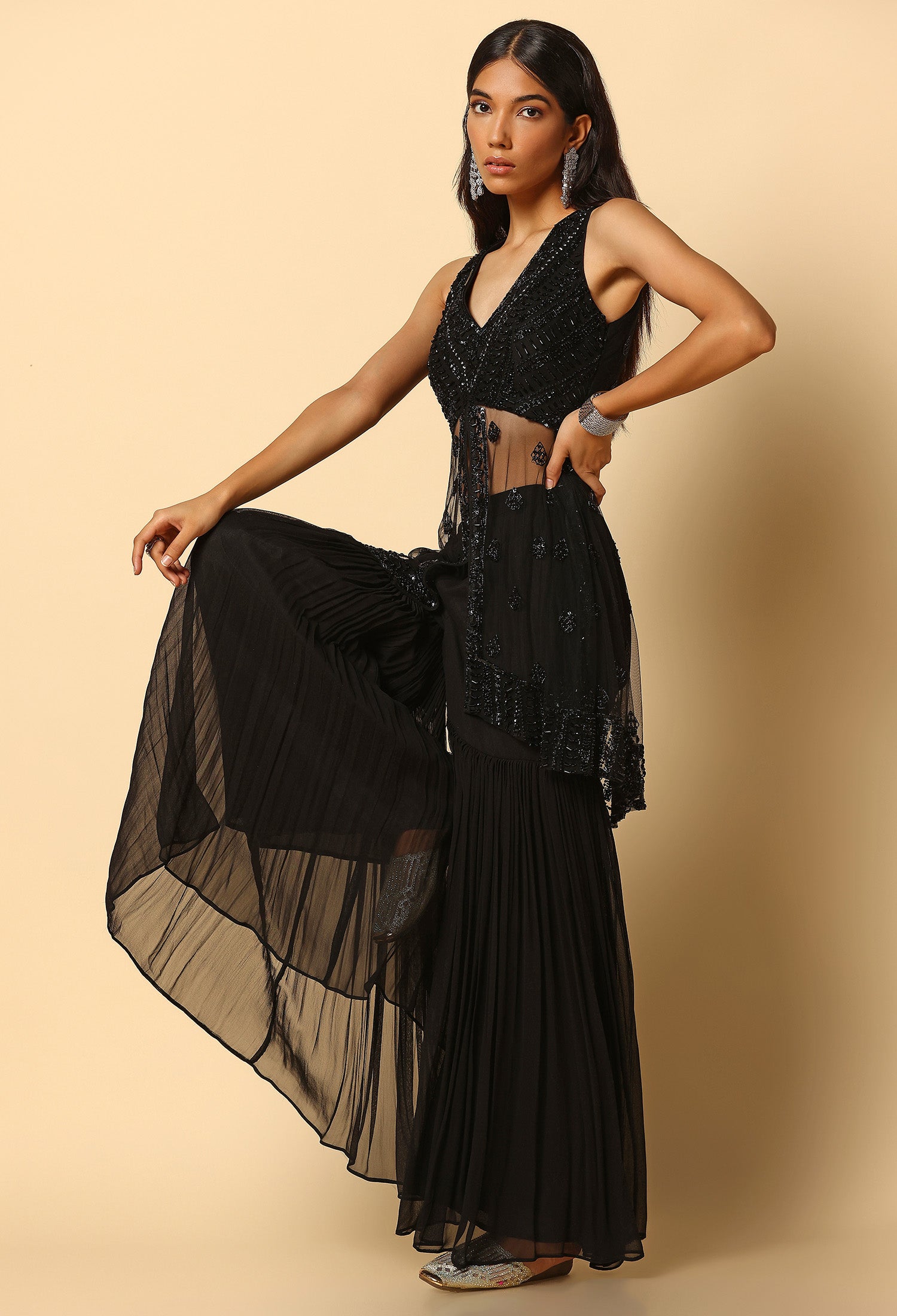 All Black Stone Work Peplum Top for Party Wear