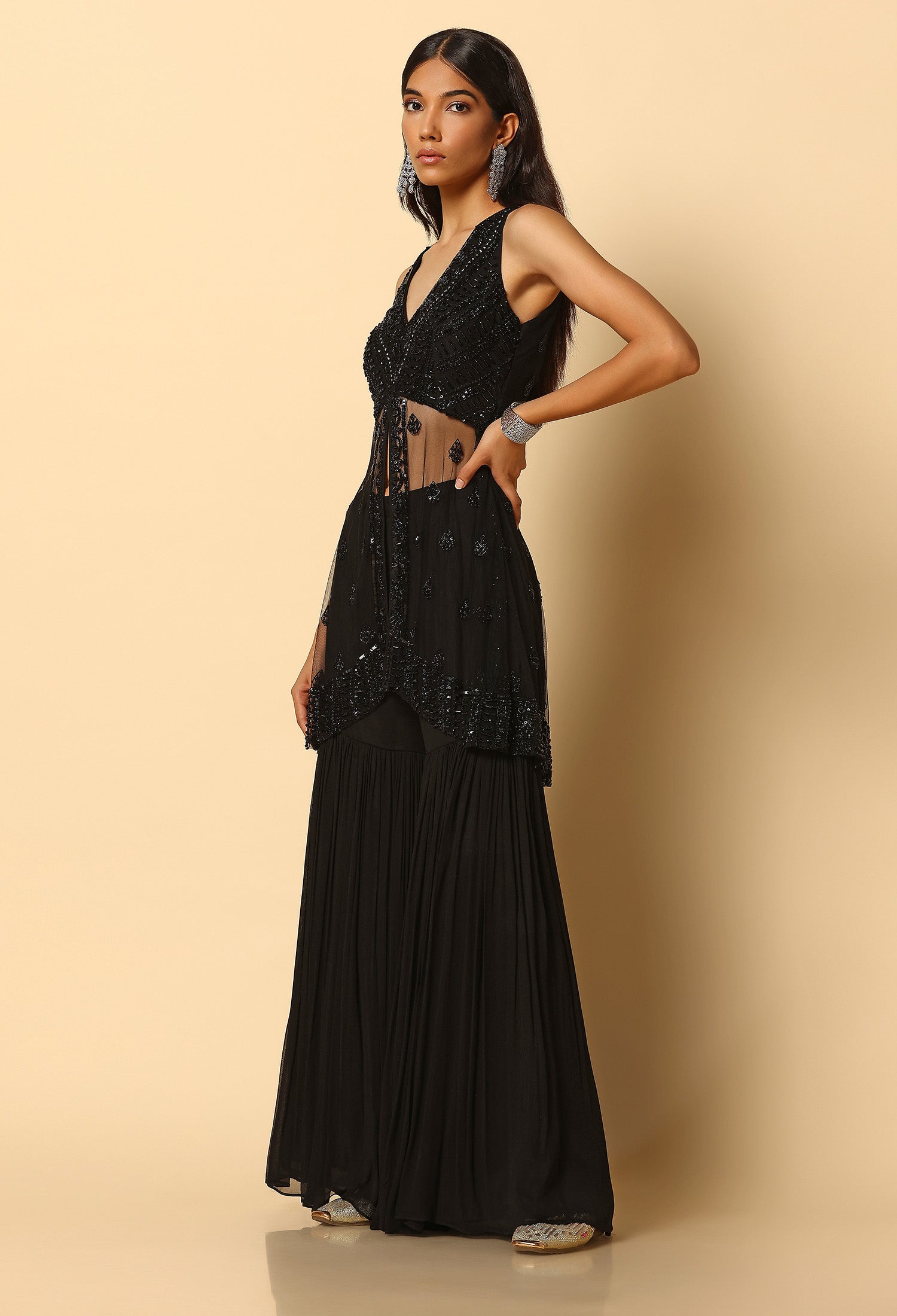 All Black Stone Work Peplum Top for Party Wear