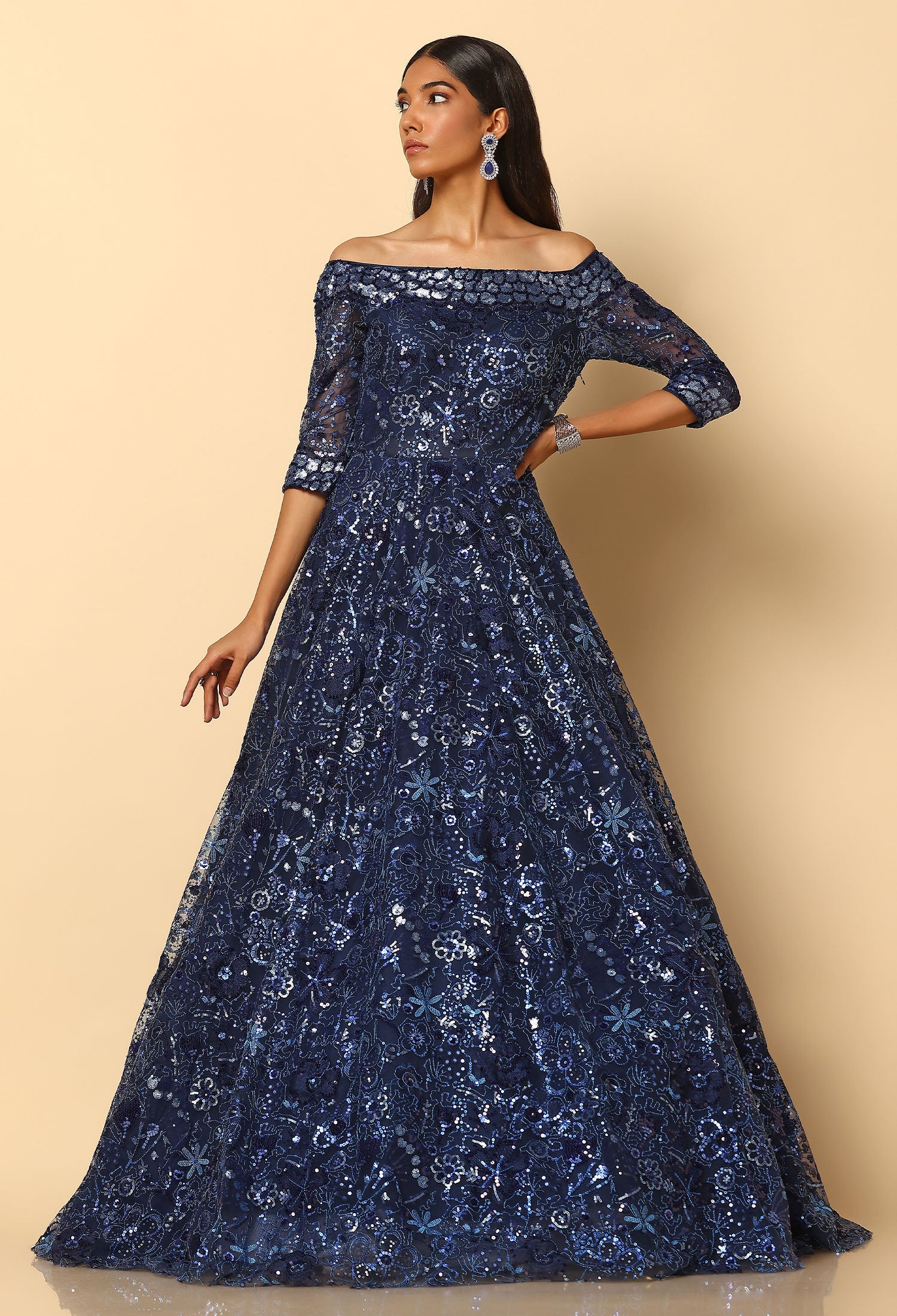 Navy Blue Embroidered Bardot Gown for Evening & Formal Wear