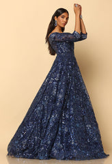 Navy Blue Embroidered Bardot Gown for Evening & Formal Wear