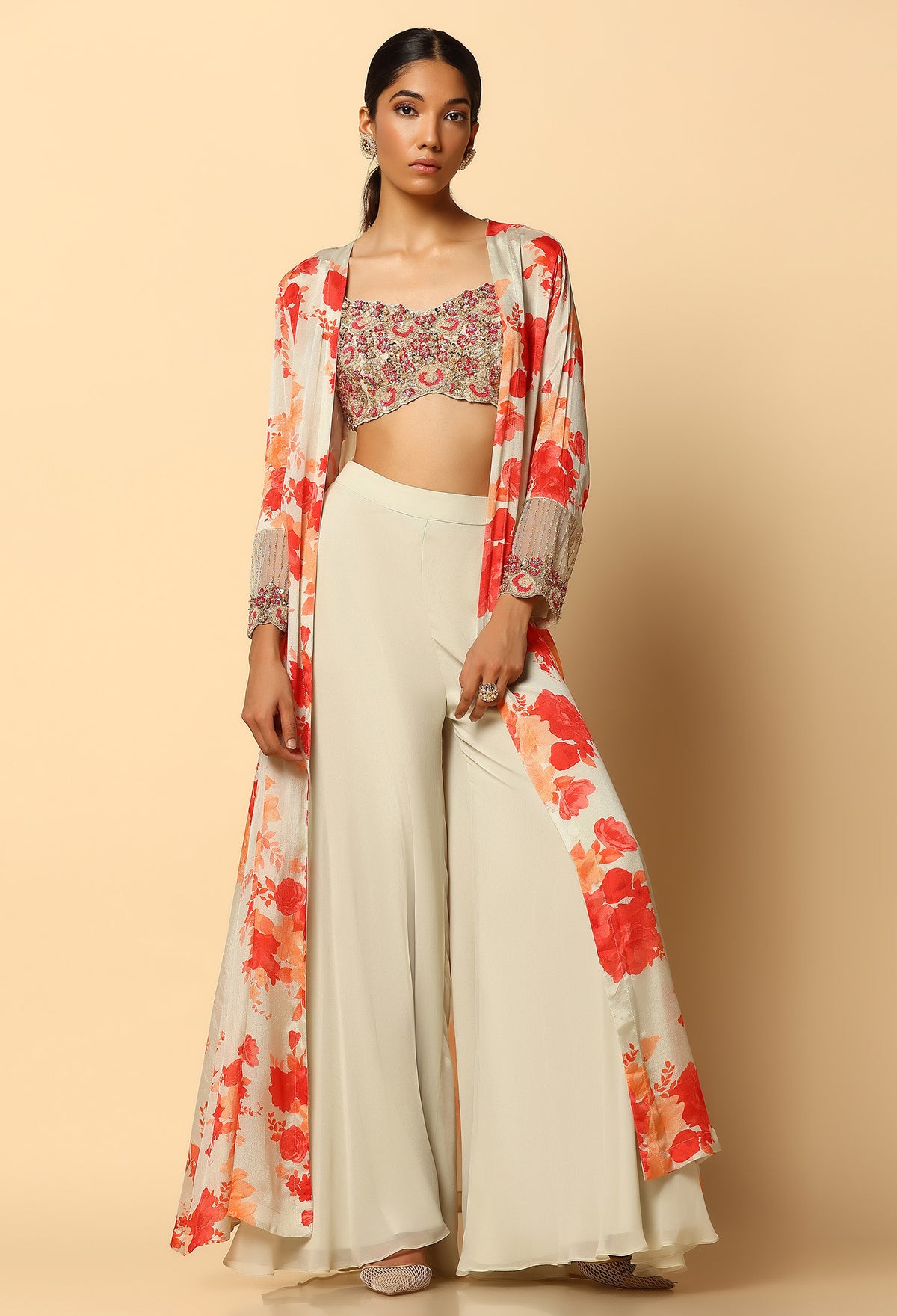 Printed Sharara & Cape Set with Contrasting Blouse – Ethnic Wear Online