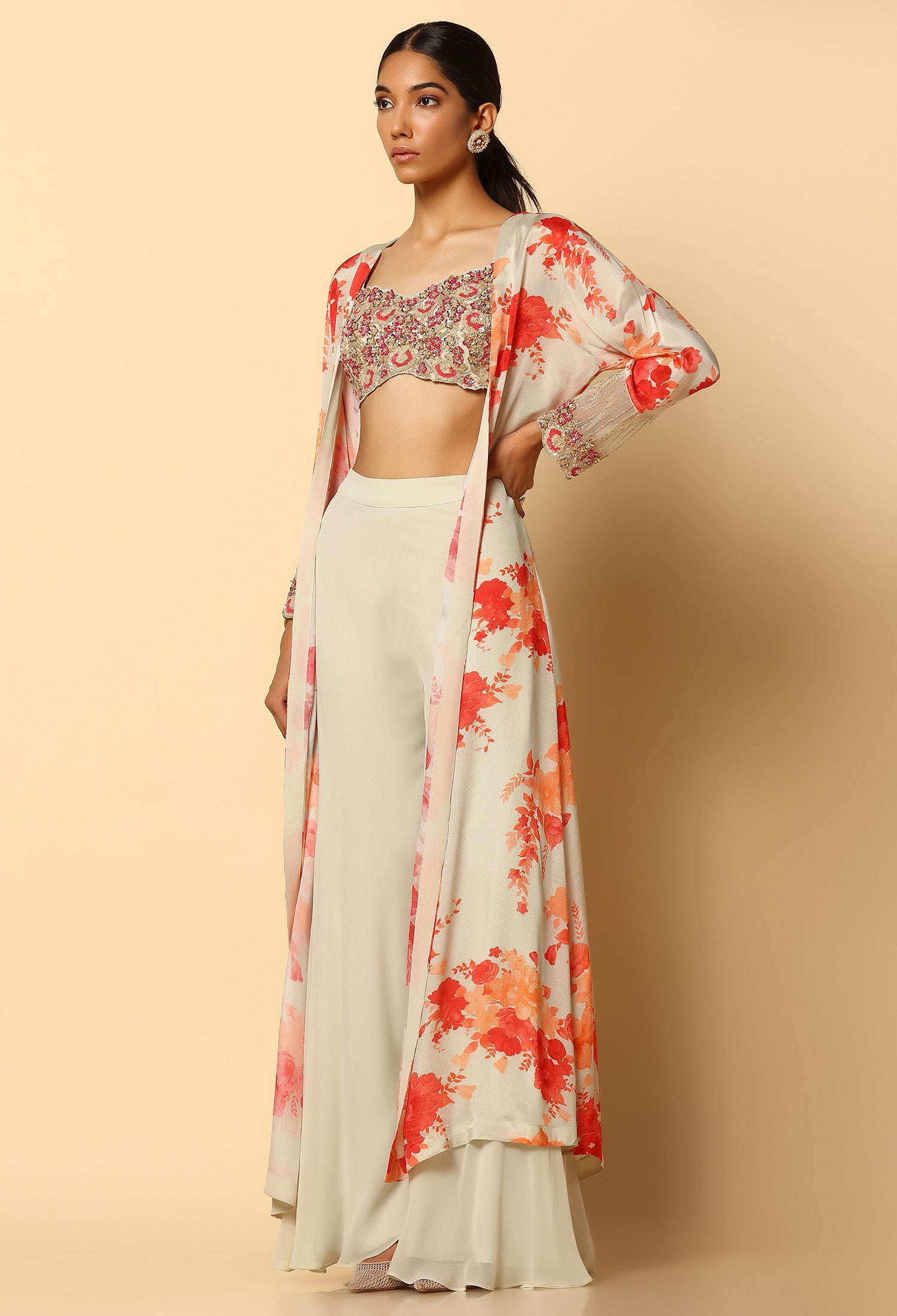 Printed Sharara & Cape Set with Contrasting Blouse – Ethnic Wear Online