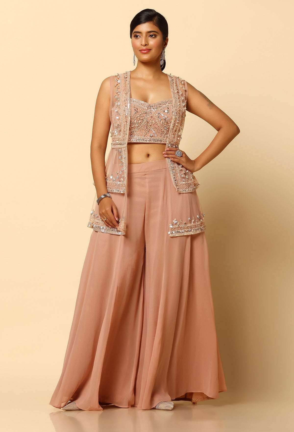 Mouse Cape & Sharara Set - Tone to Tone Hand Embroidered Ethnic Wear