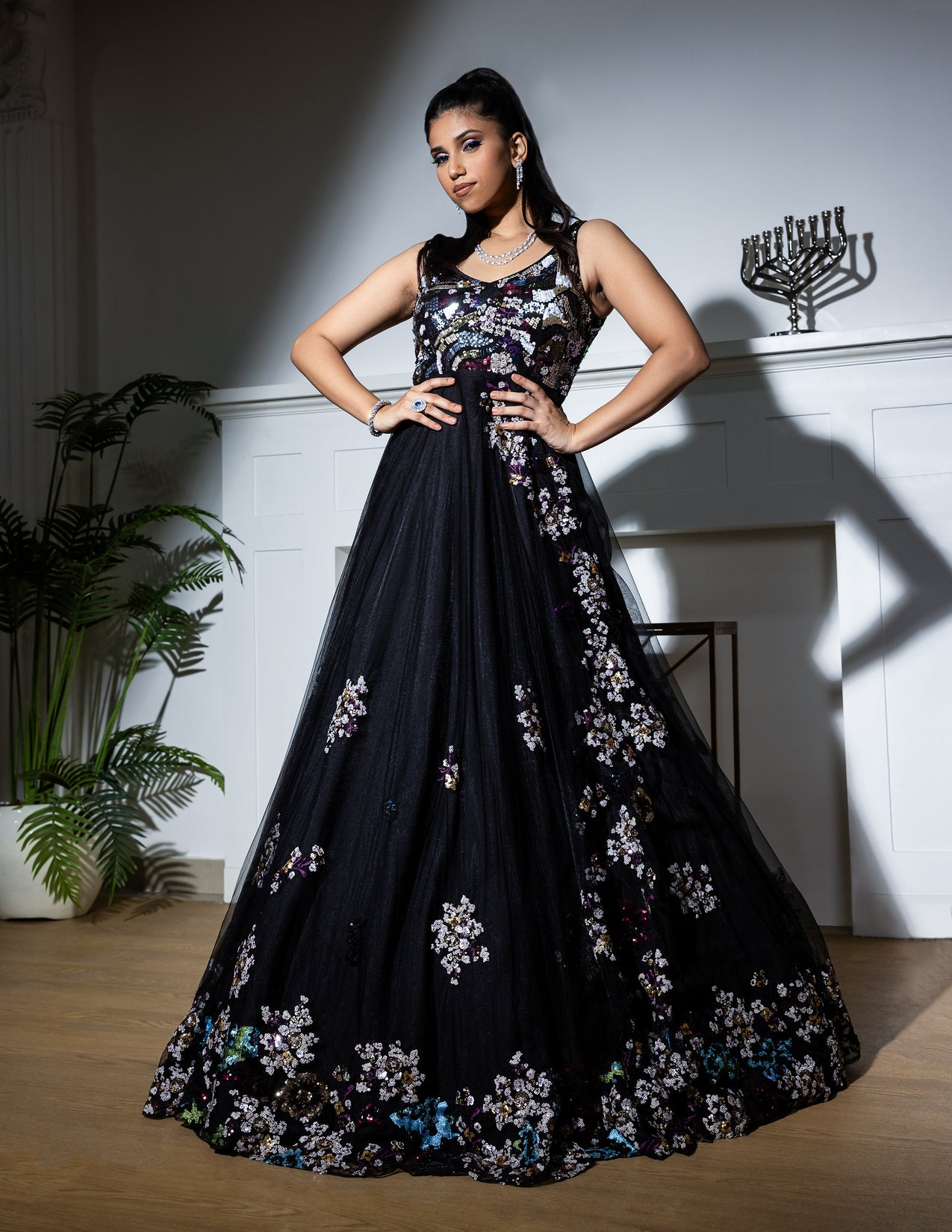 Black Net Sequin Embroidered Gown for Party & Evening Wear