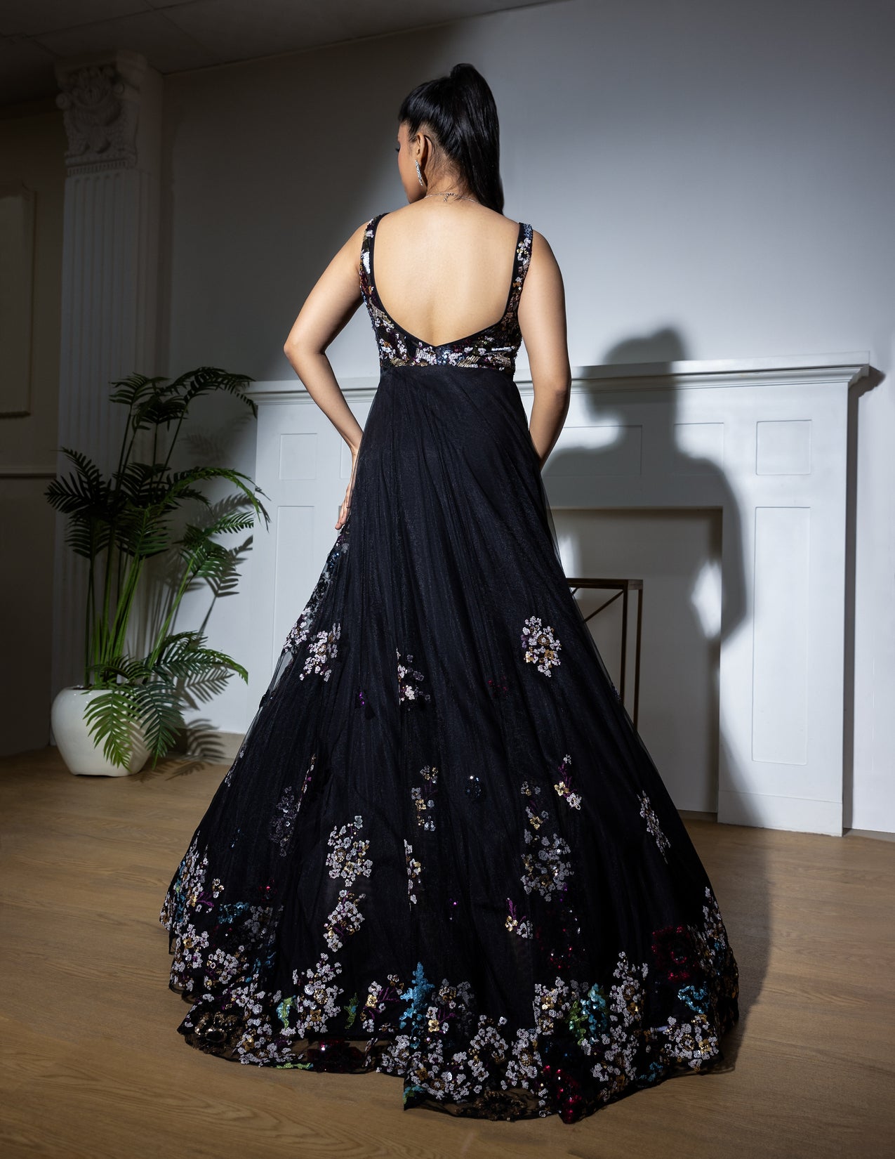 Black Net Sequin Embroidered Gown for Party & Evening Wear