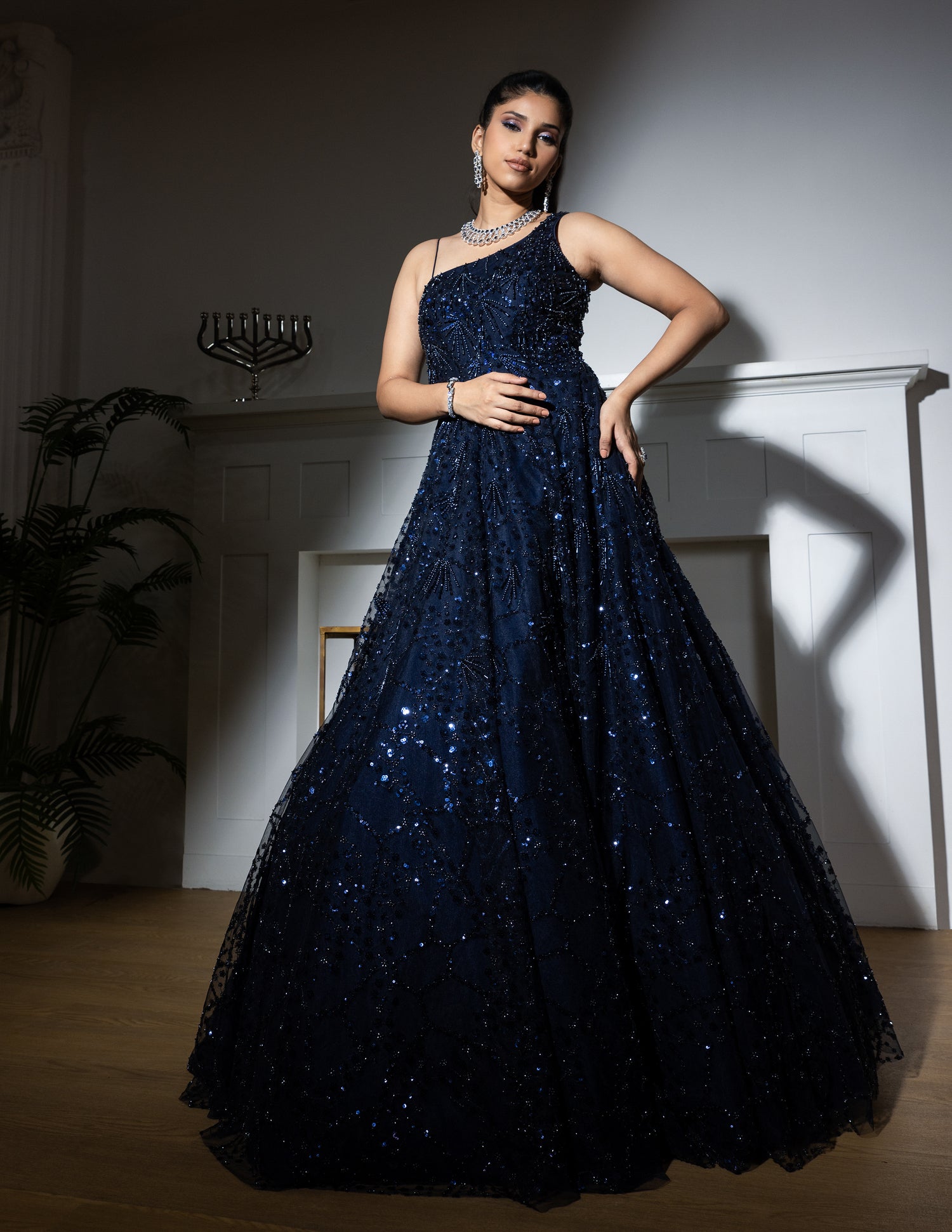 Midnight Blue Net Sequins Embroidered Gown for Evening & Party Wear