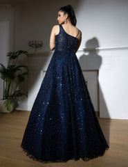 Midnight Blue Net Sequins Embroidered Gown for Evening & Party Wear