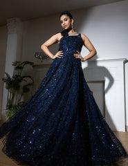 Midnight Blue Net Sequins Embroidered Gown for Evening & Party Wear