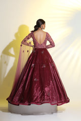 Wine Draped Gown with 3D Embroidery | Designer Party Wear