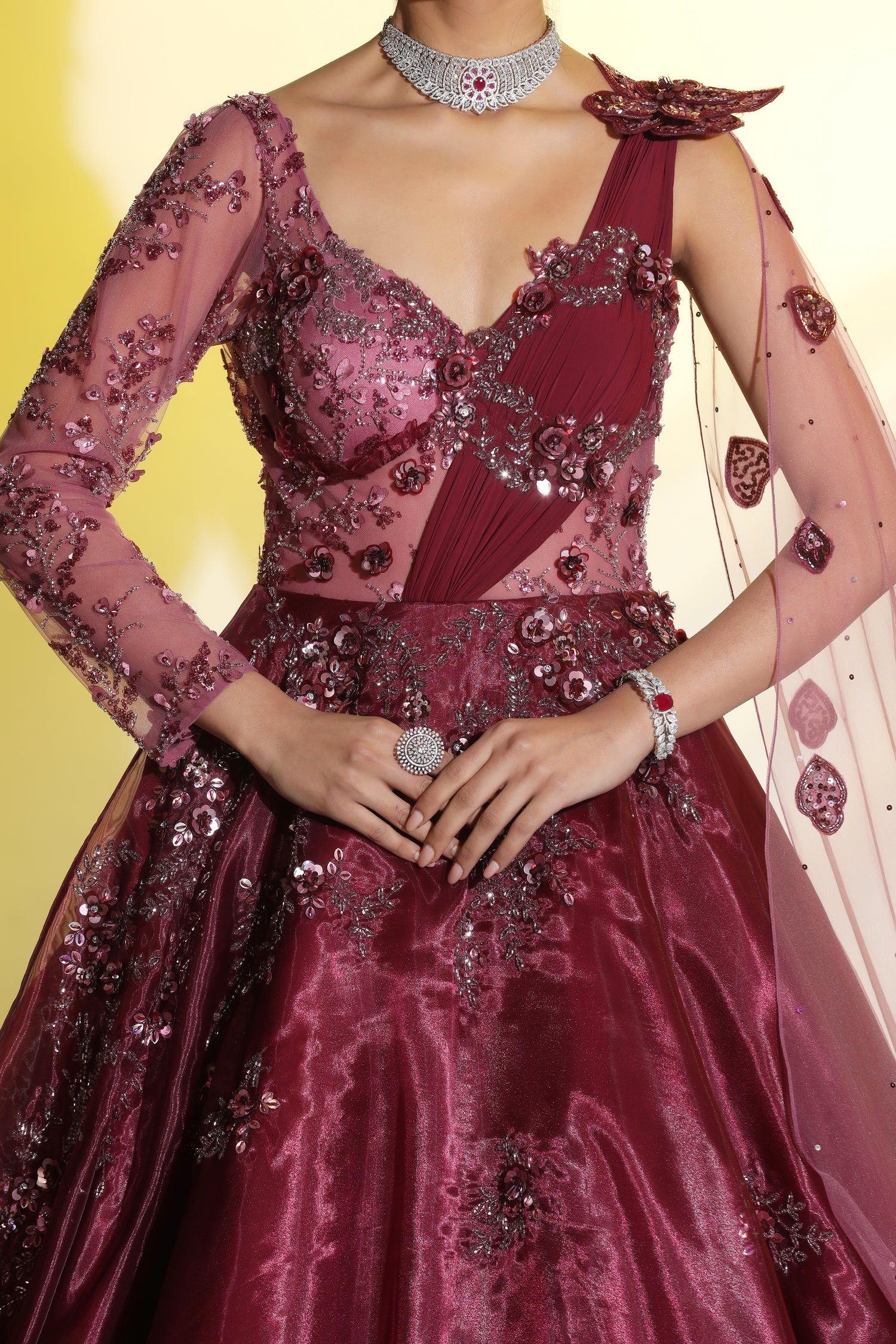 Wine Draped Gown with 3D Embroidery | Designer Party Wear