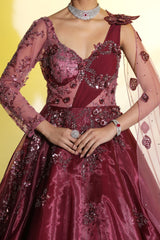 Wine Draped Gown with 3D Embroidery | Designer Party Wear