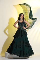 Emerald Green 3D Embroidered Ruffle Gown for Party Wear