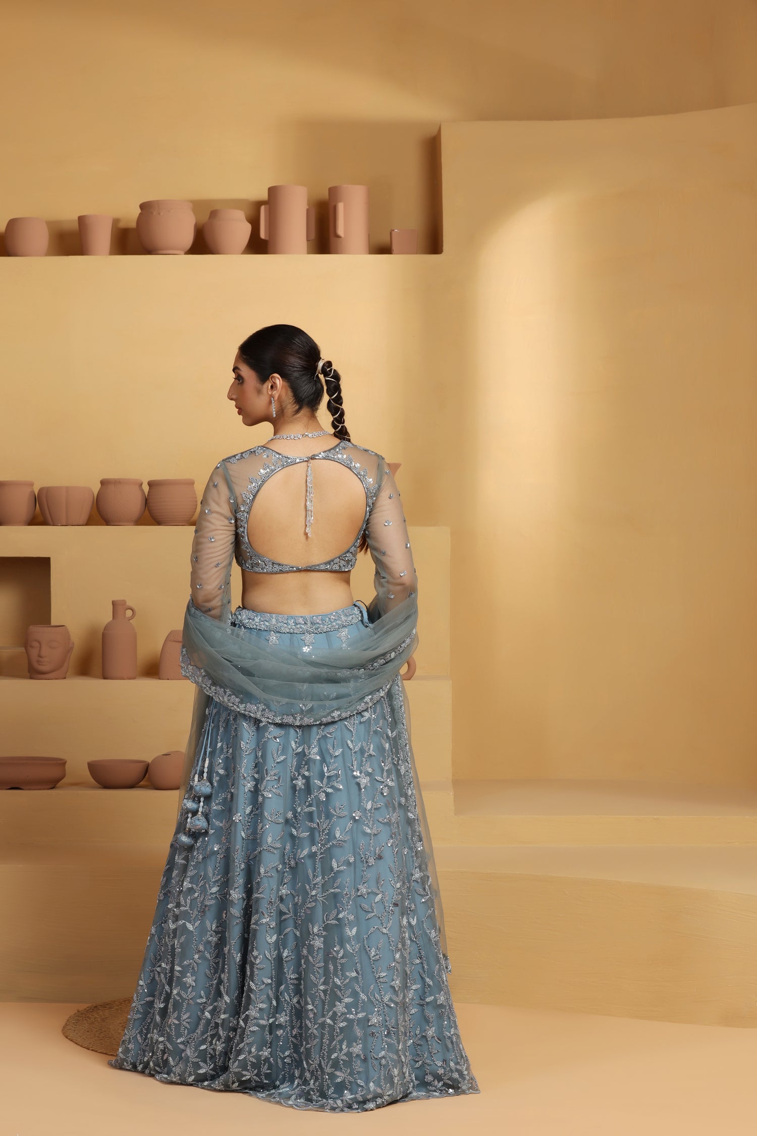 Net Flower motif kalidar Lehenga with geomatric choli