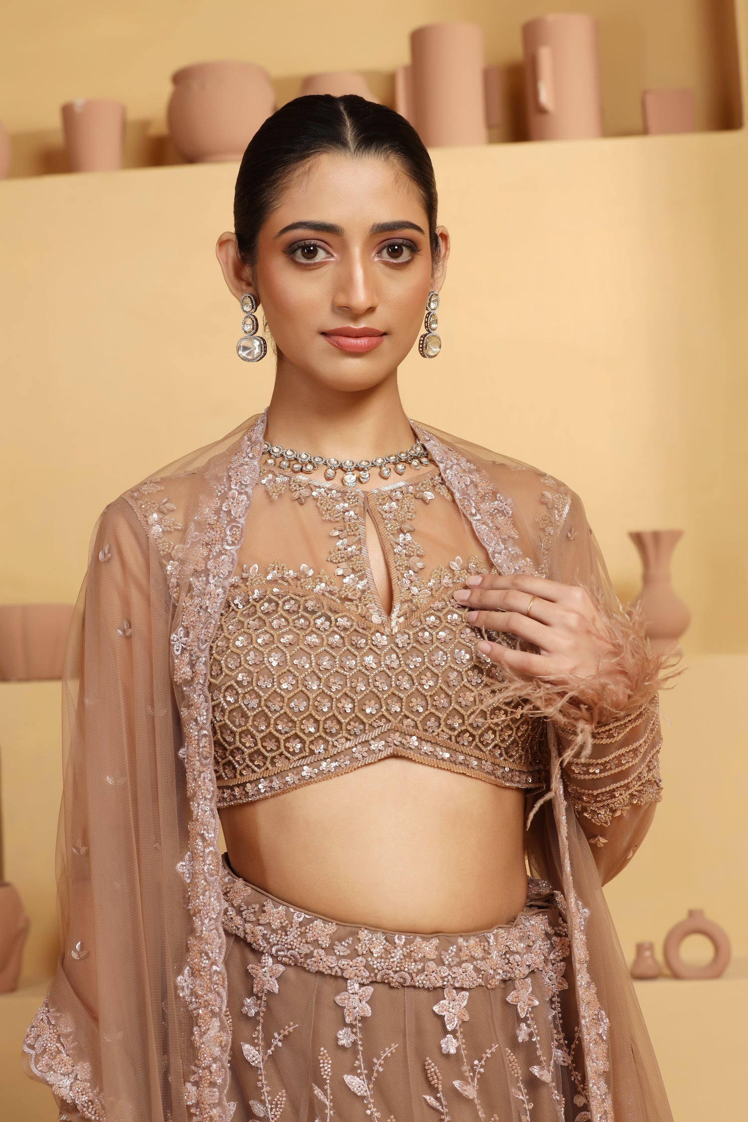 Net Flower motif kalidar Lehenga with geomatric choli