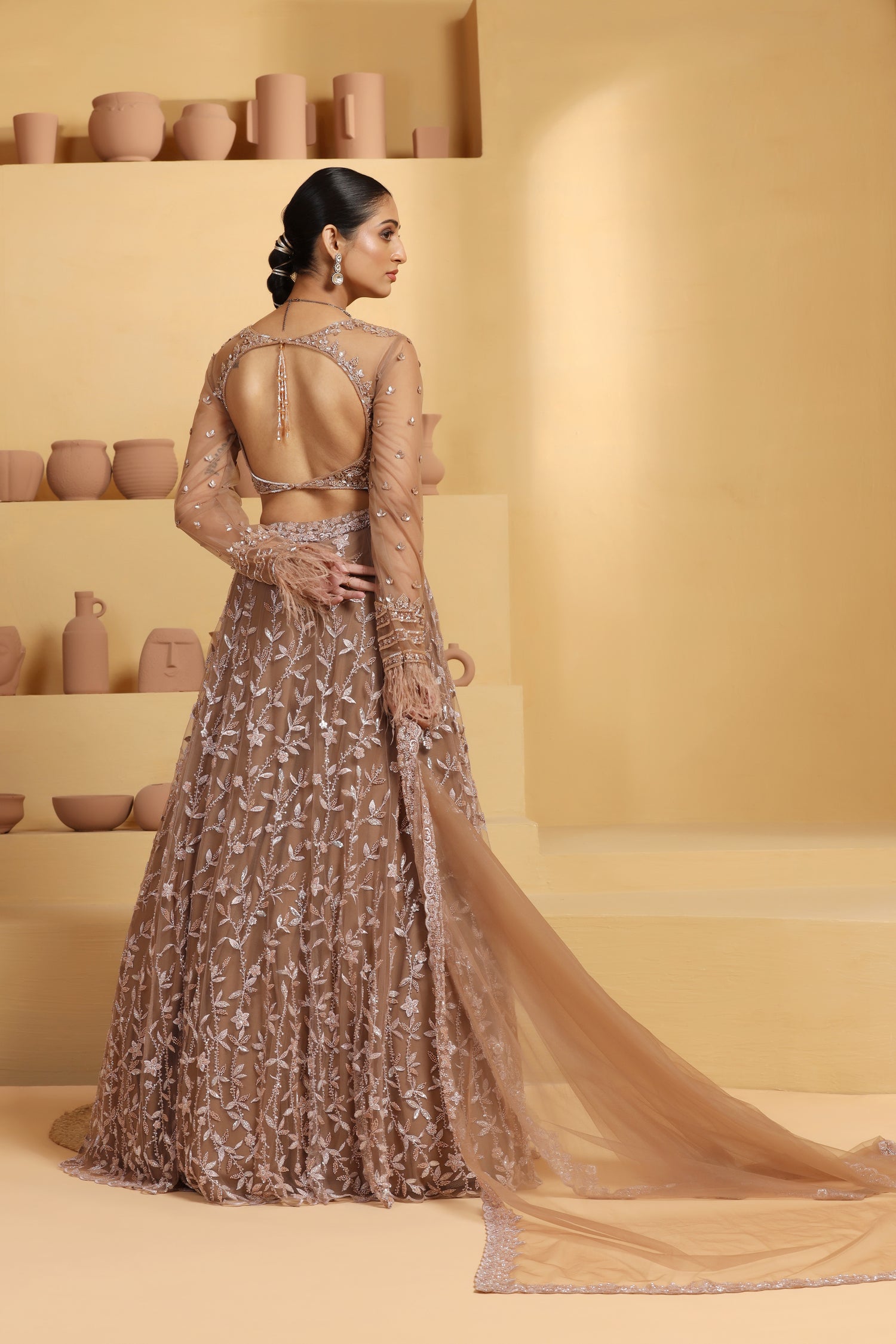 Net Flower motif kalidar Lehenga with geomatric choli