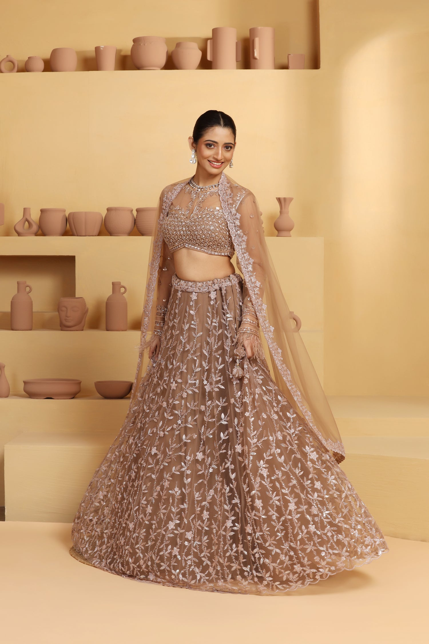 Net Flower motif kalidar Lehenga with geomatric choli