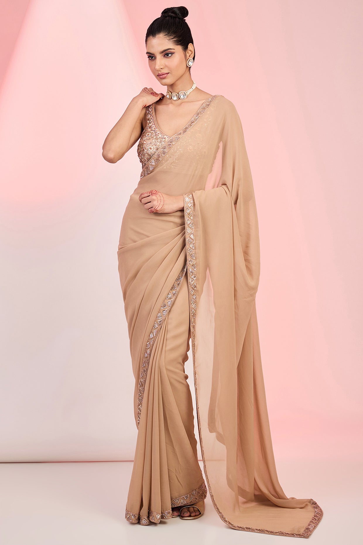 Fawn Georgette Cutdana & Sequins Hand Embellished Saree