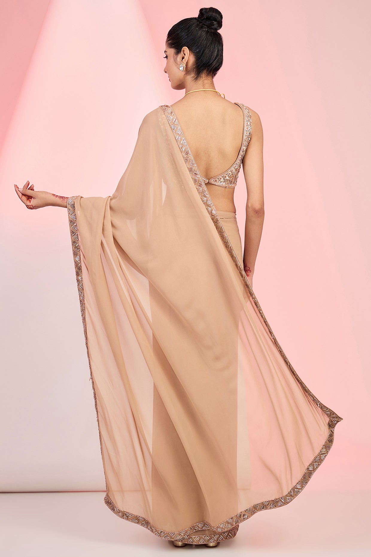 Fawn Georgette Cutdana & Sequins Hand Embellished Saree