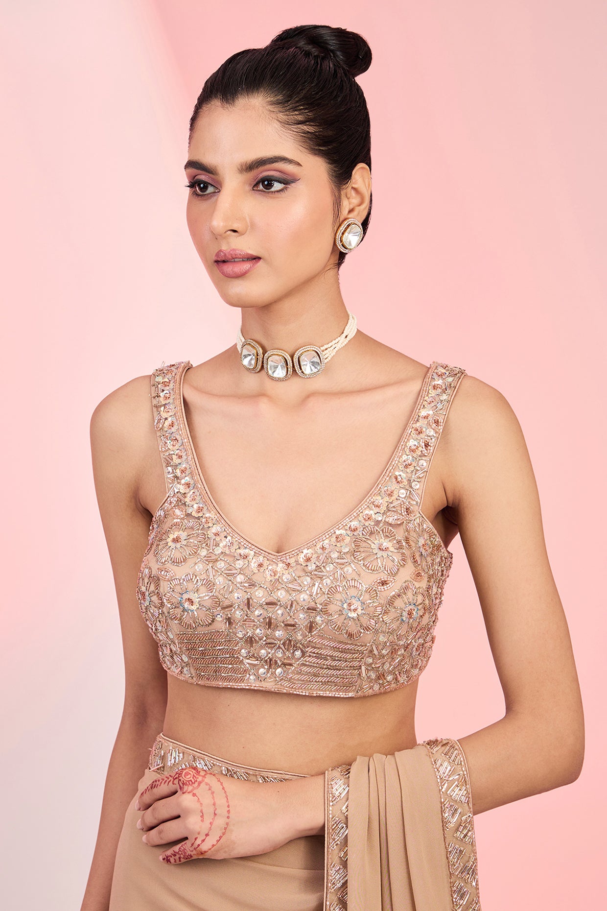 Fawn Georgette Cutdana & Sequins Hand Embellished Saree