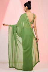 Mehendi Green Georgette Cutdana & Sequins Hand Embellished Saree