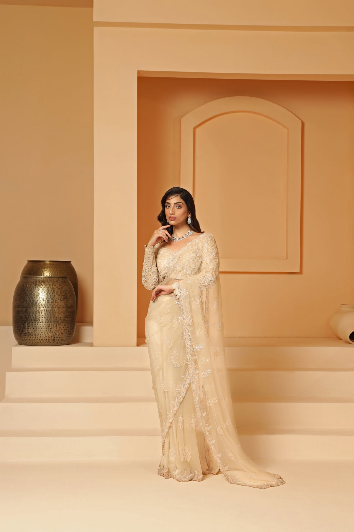Net cutdana and beads work saree