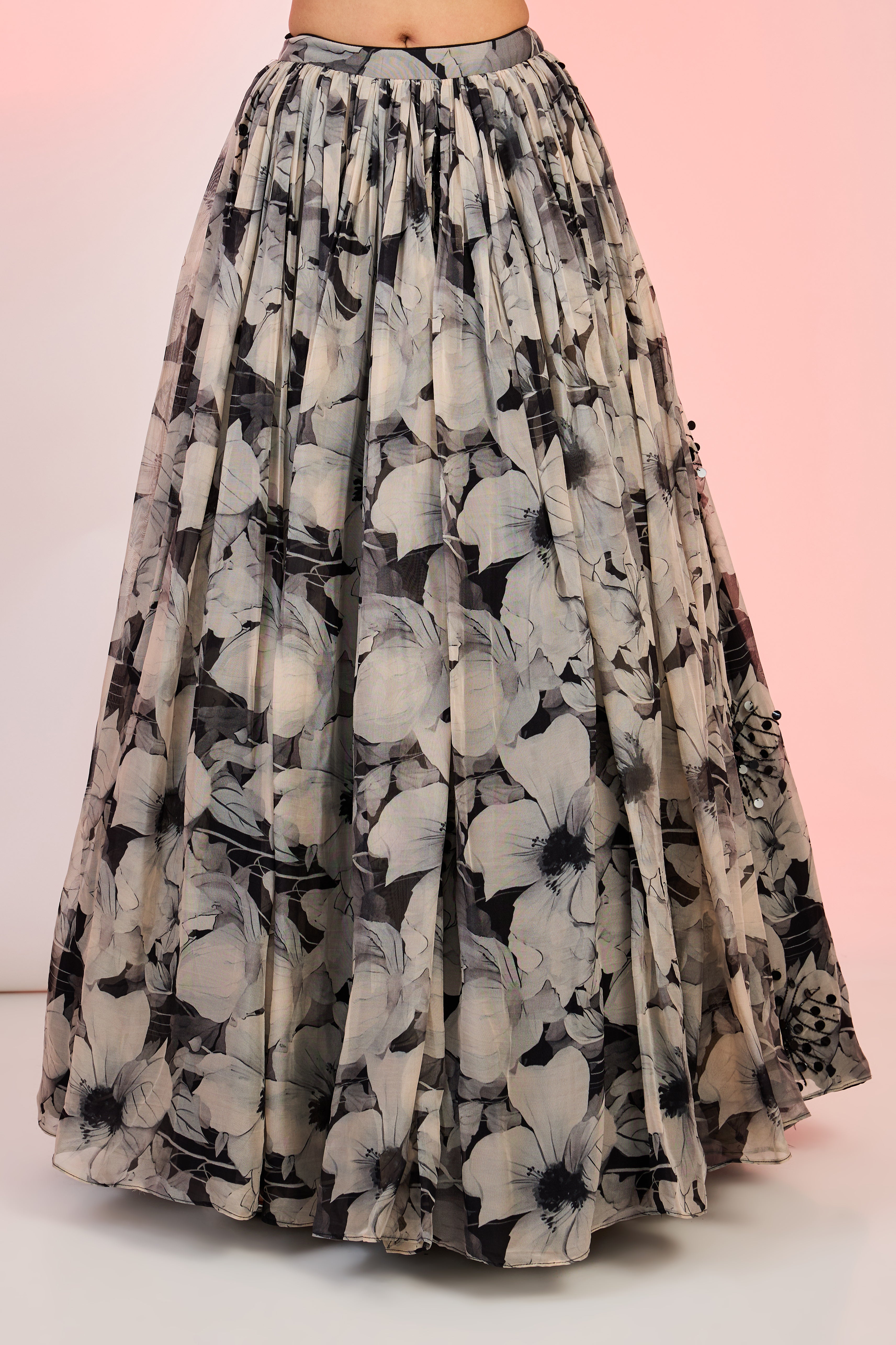 Printed fabric with cutdana sequin and stone hand embroidery