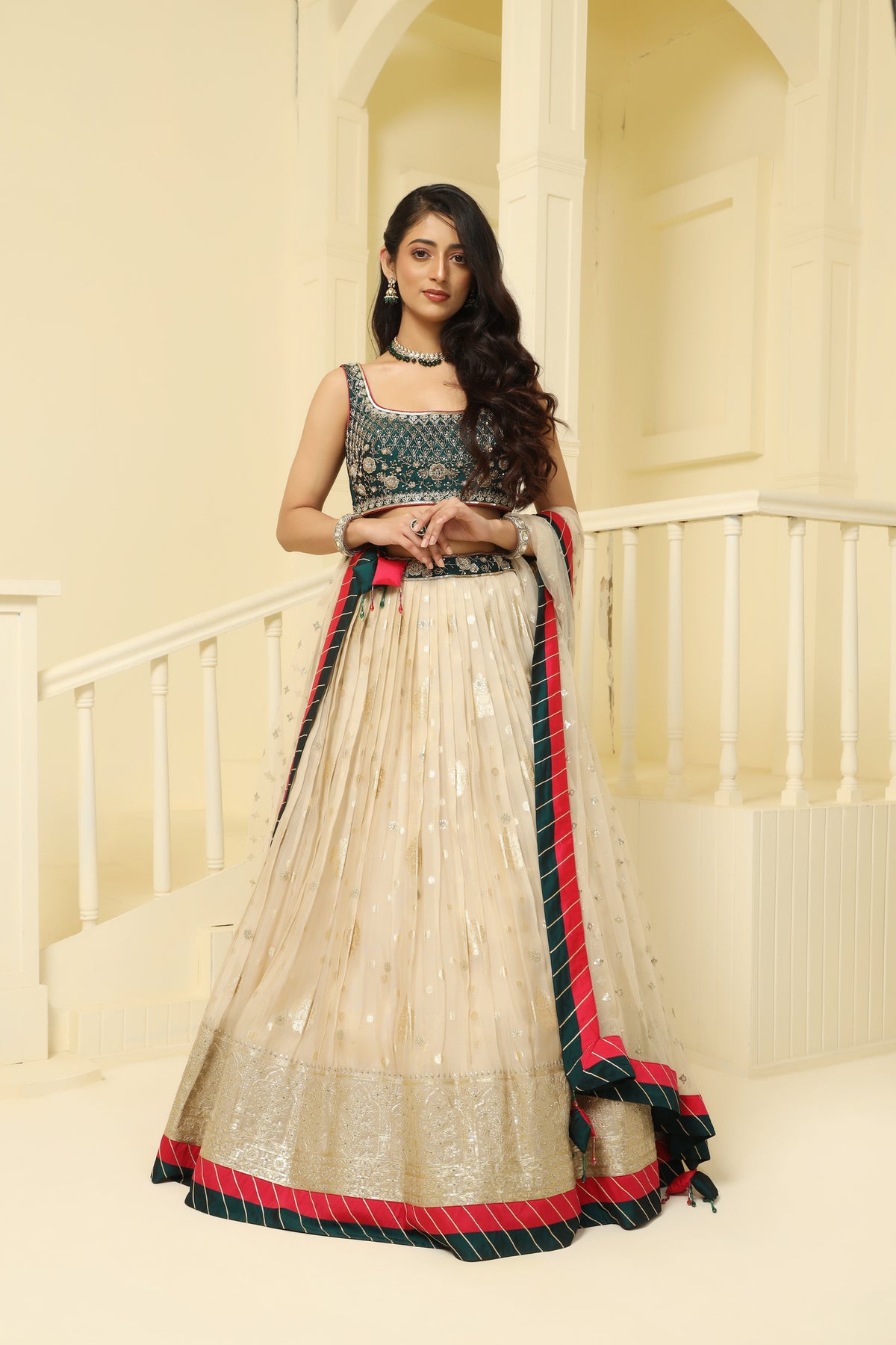 Gold and green embroided Tissue  lehenga