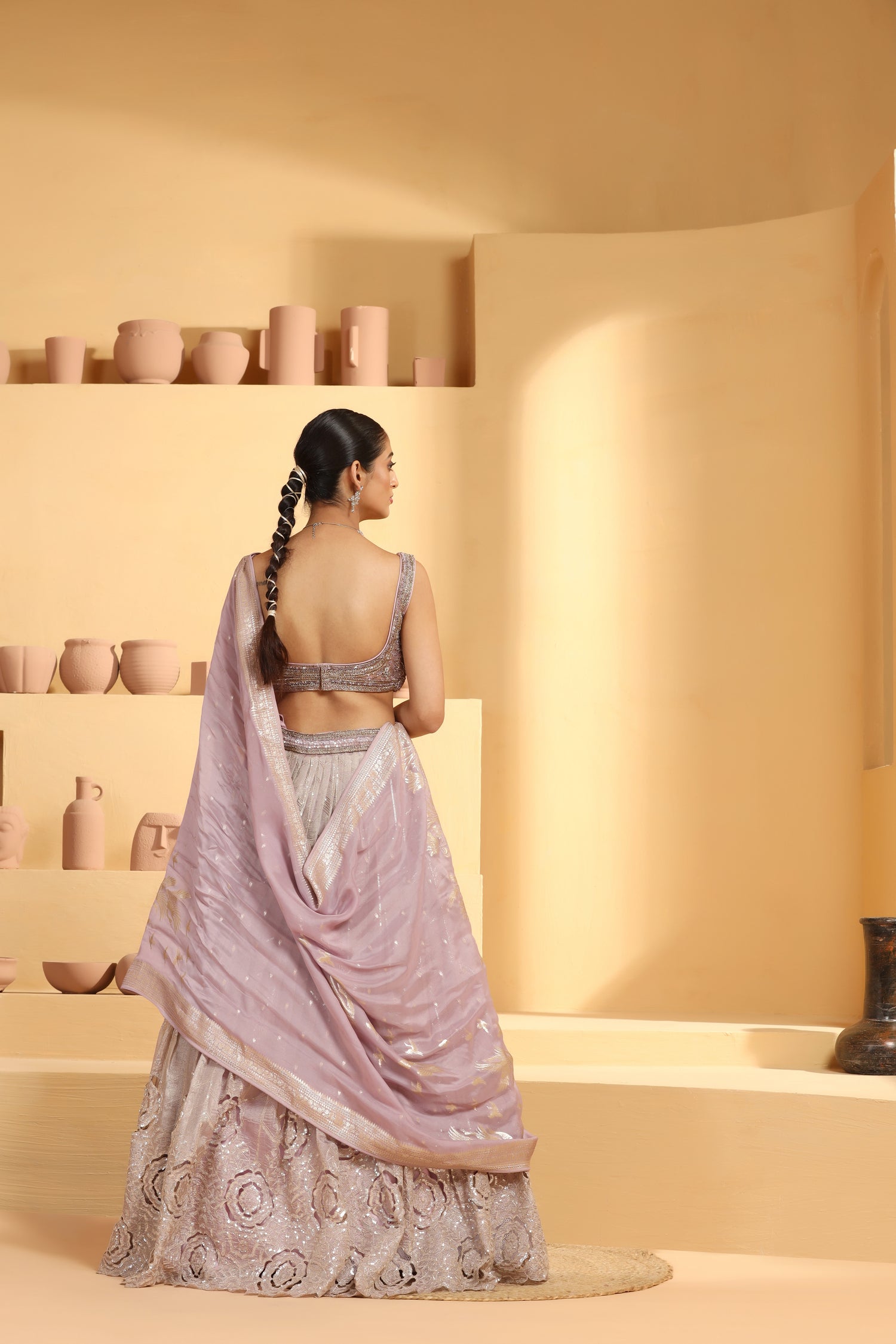 Nakshi and sequin work choli with a cutwork Tissue Lehenga