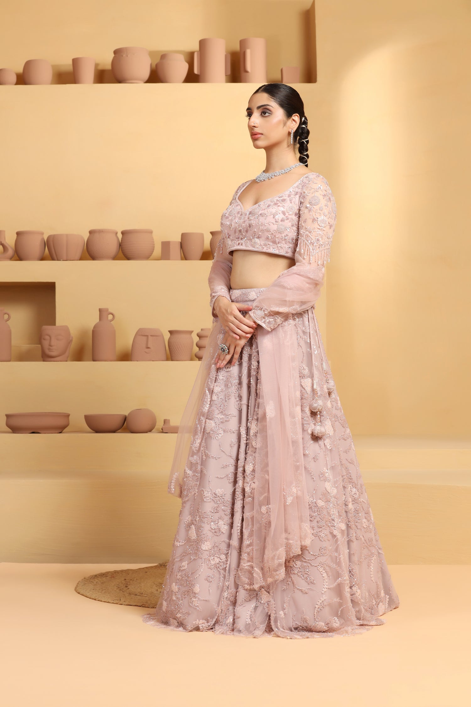 Beads and cutdana Abstract flower Jaal Lehenga themed full slevves choli