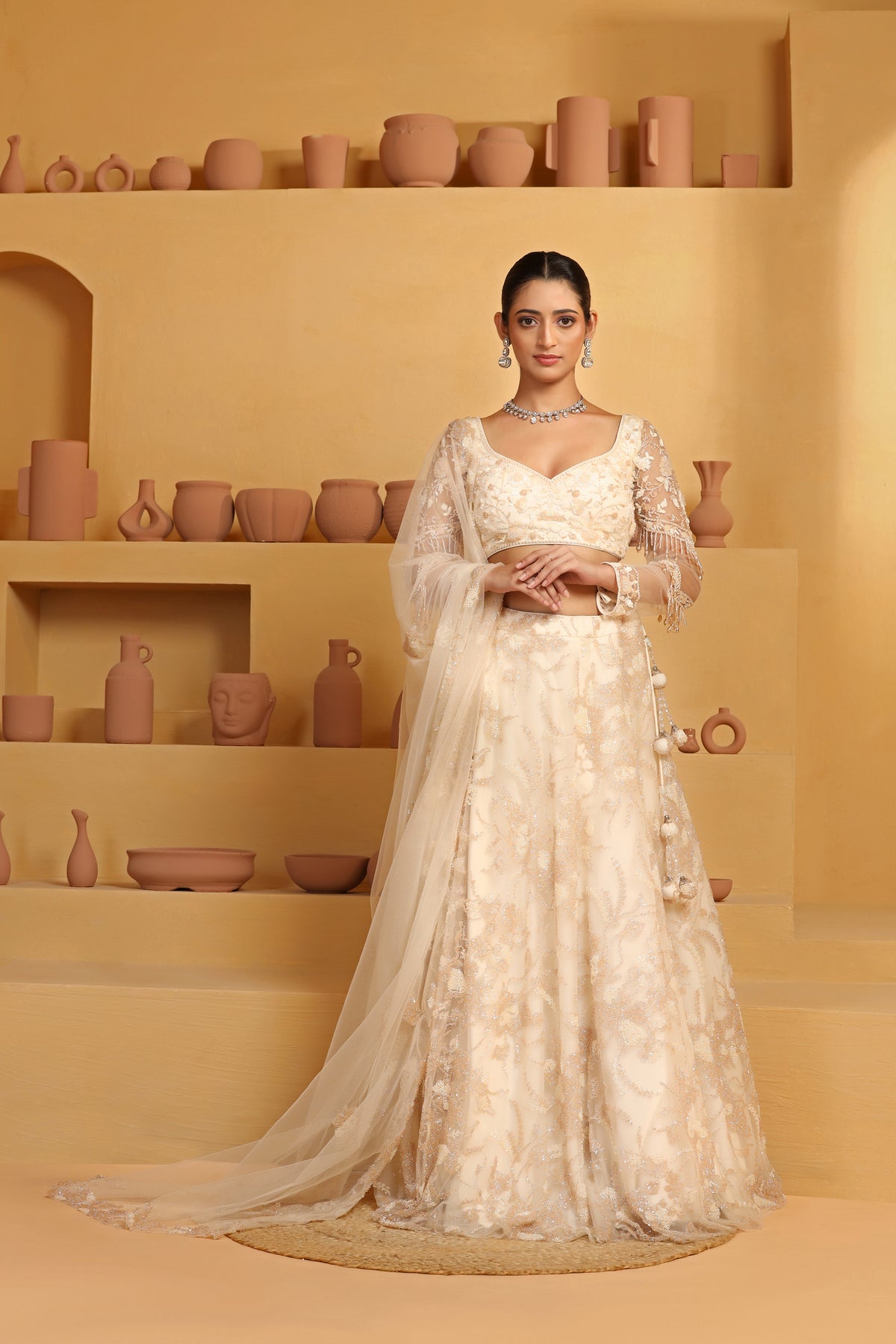 Beads and cutdana Abstract flower Jaal Lehenga themed full slevves choli