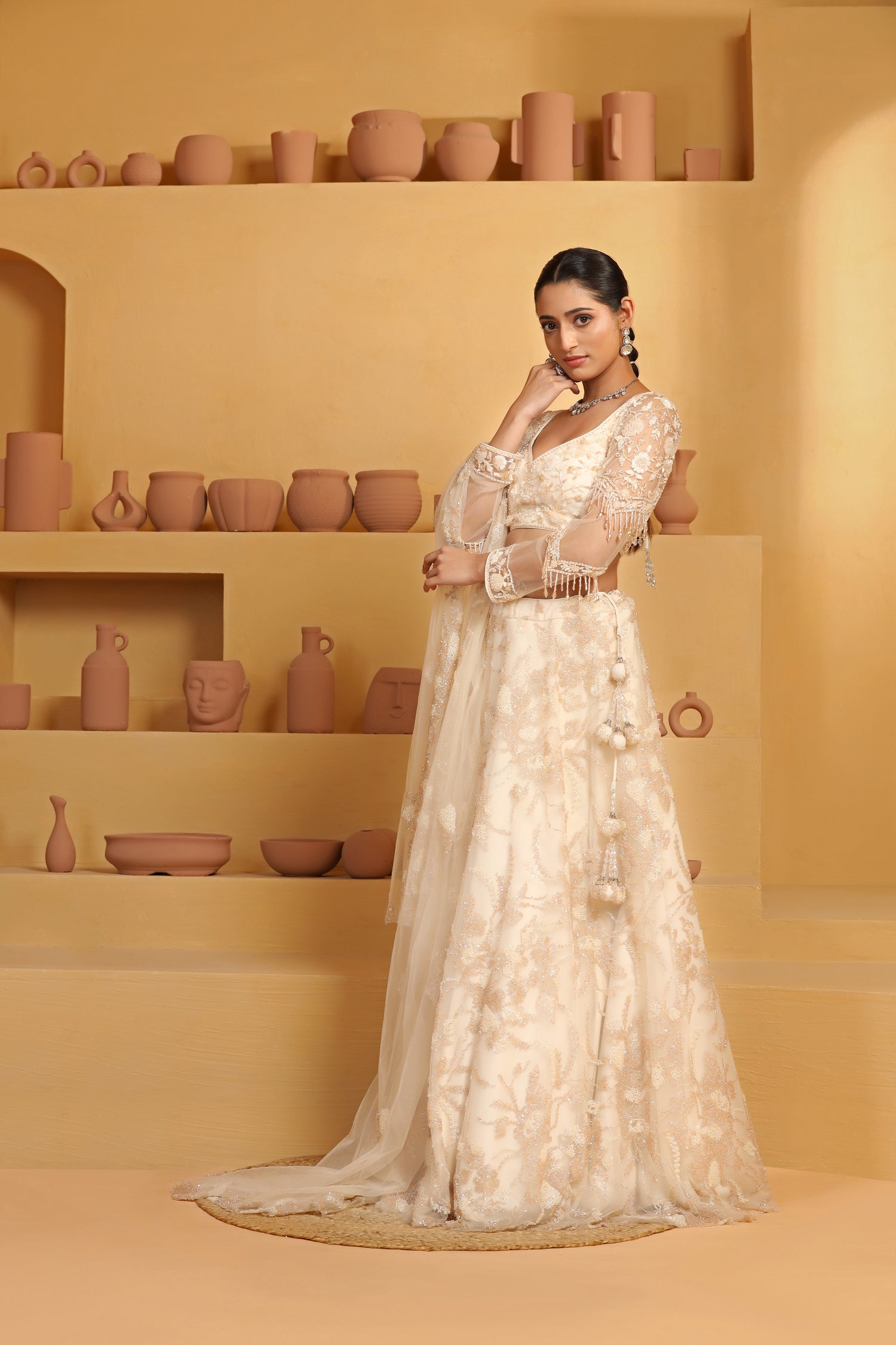 Beads and cutdana Abstract flower Jaal Lehenga themed full slevves choli