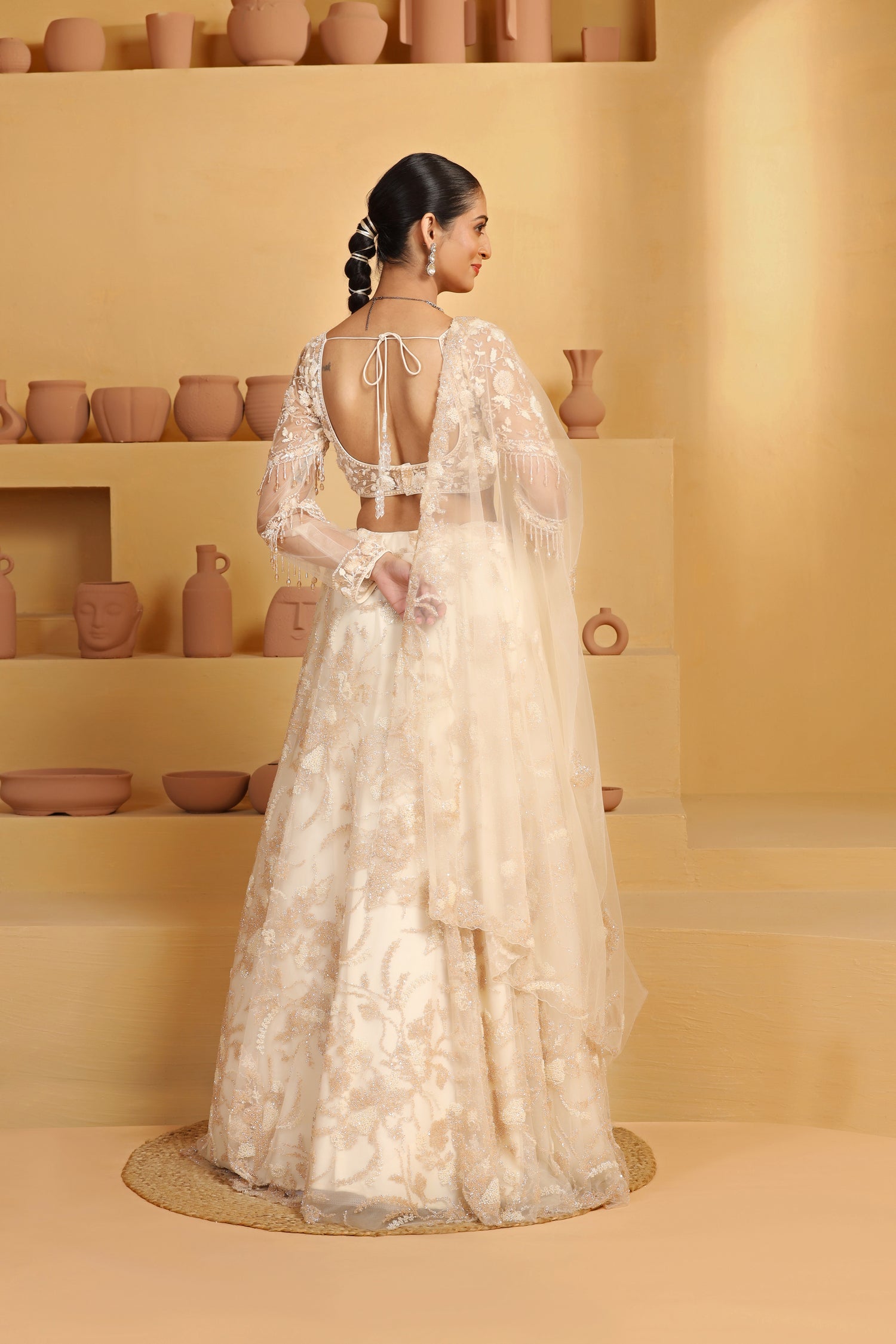 Beads and cutdana Abstract flower Jaal Lehenga themed full slevves choli