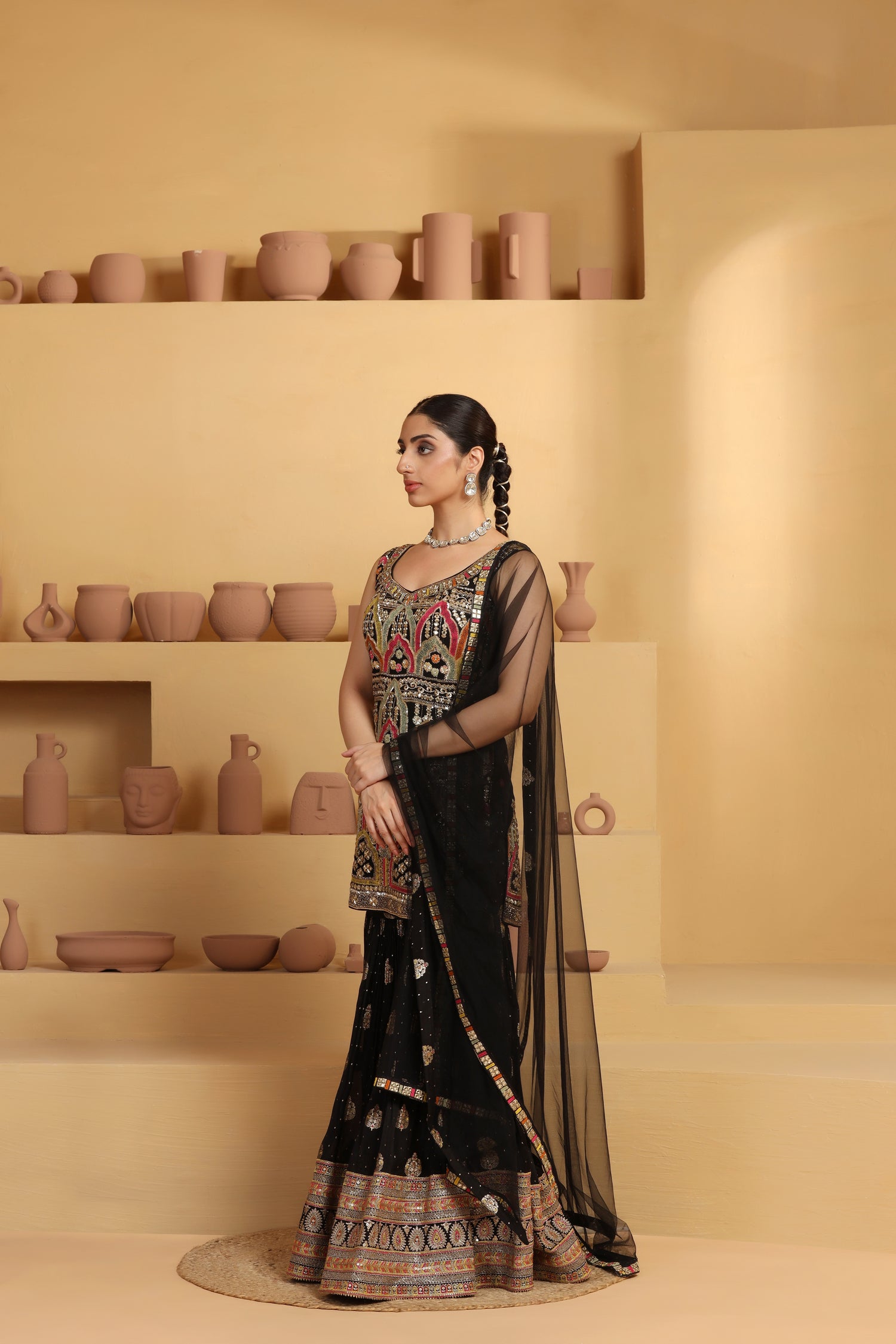 Designer Multicolor Sharara Set in Banarasi Jacquard Silk