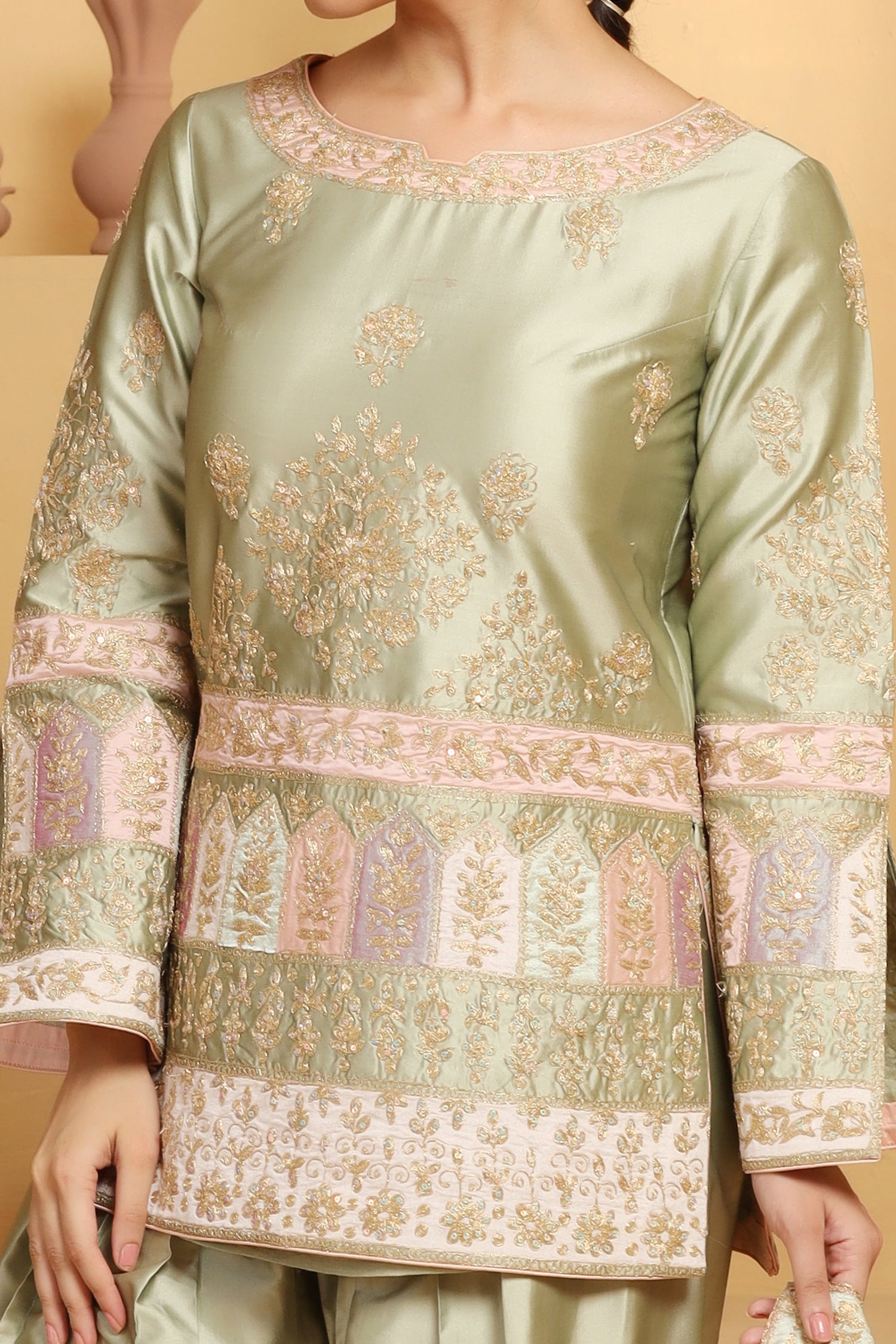 Color Patch & Dori Sequin Suit Set with Net Dupatta – Festive Look