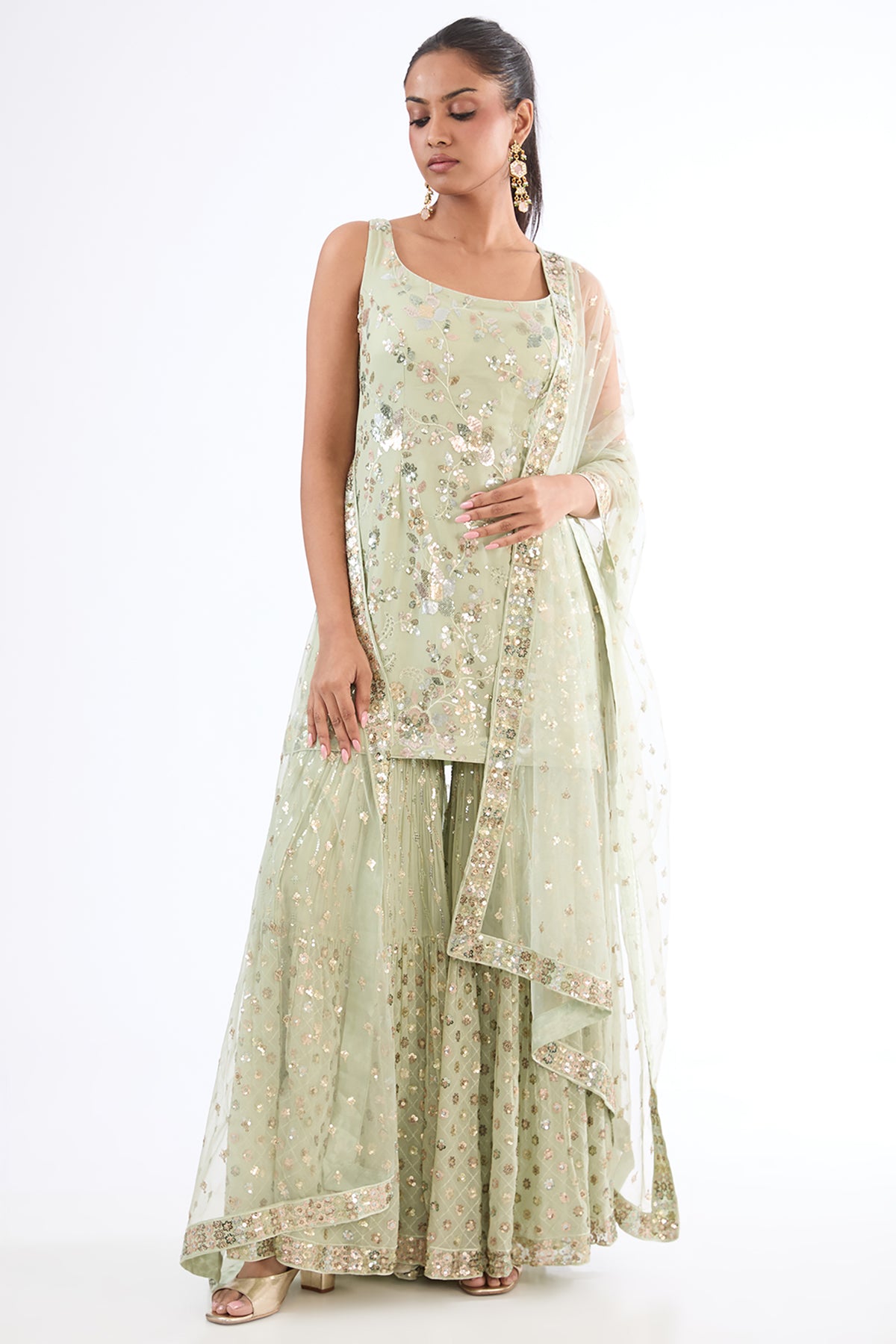 Pista Green Georgette Sequins Embroidered Sharara Set