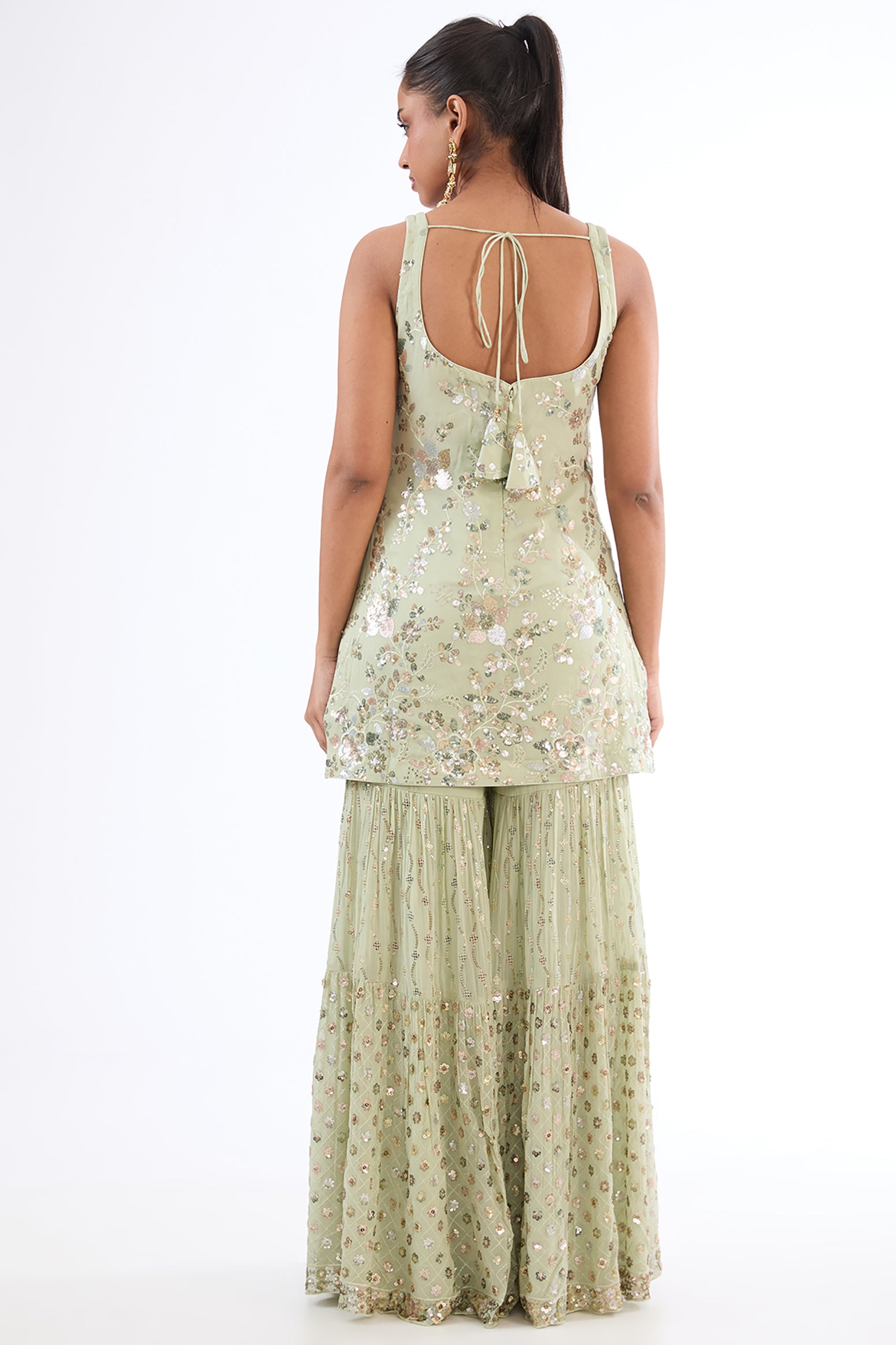 Pista Green Georgette Sequins Embroidered Sharara Set