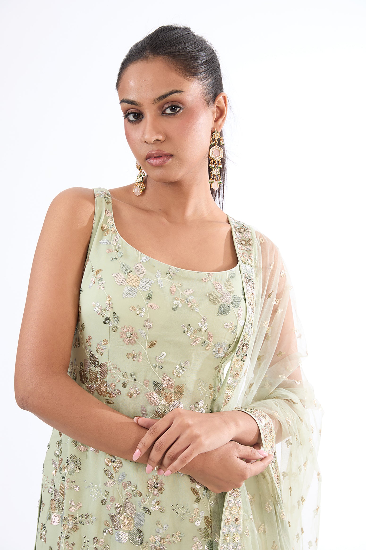 Pista Green Georgette Sequins Embroidered Sharara Set