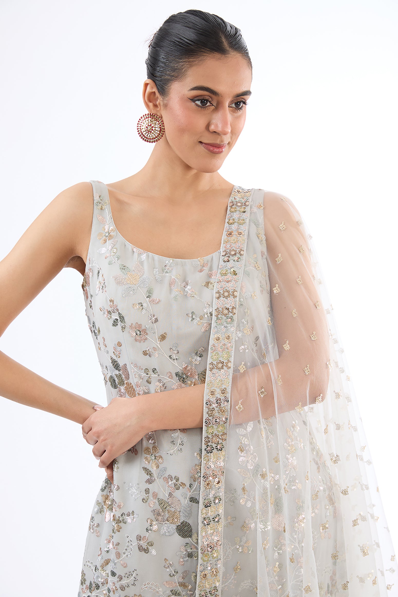 Grey Georgette Sequins Embroidered Sharara Set