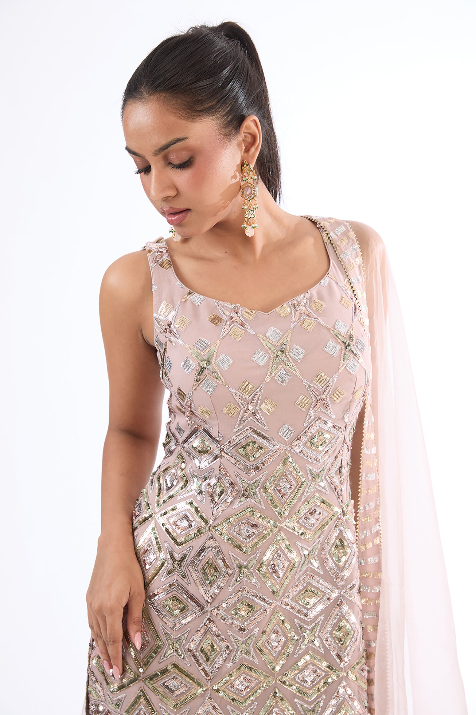 Dusty Mauve Georgette Sequins Embroidered Sharara Set