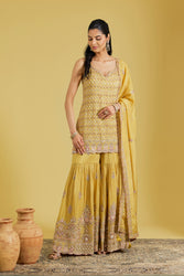 Mustard Tissue Embroidered Gharara Set
