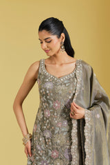 Mouse-Colored Tissue Embroidered Gharara Set