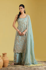 Ice Blue Tissue Embroidered Gharara Set